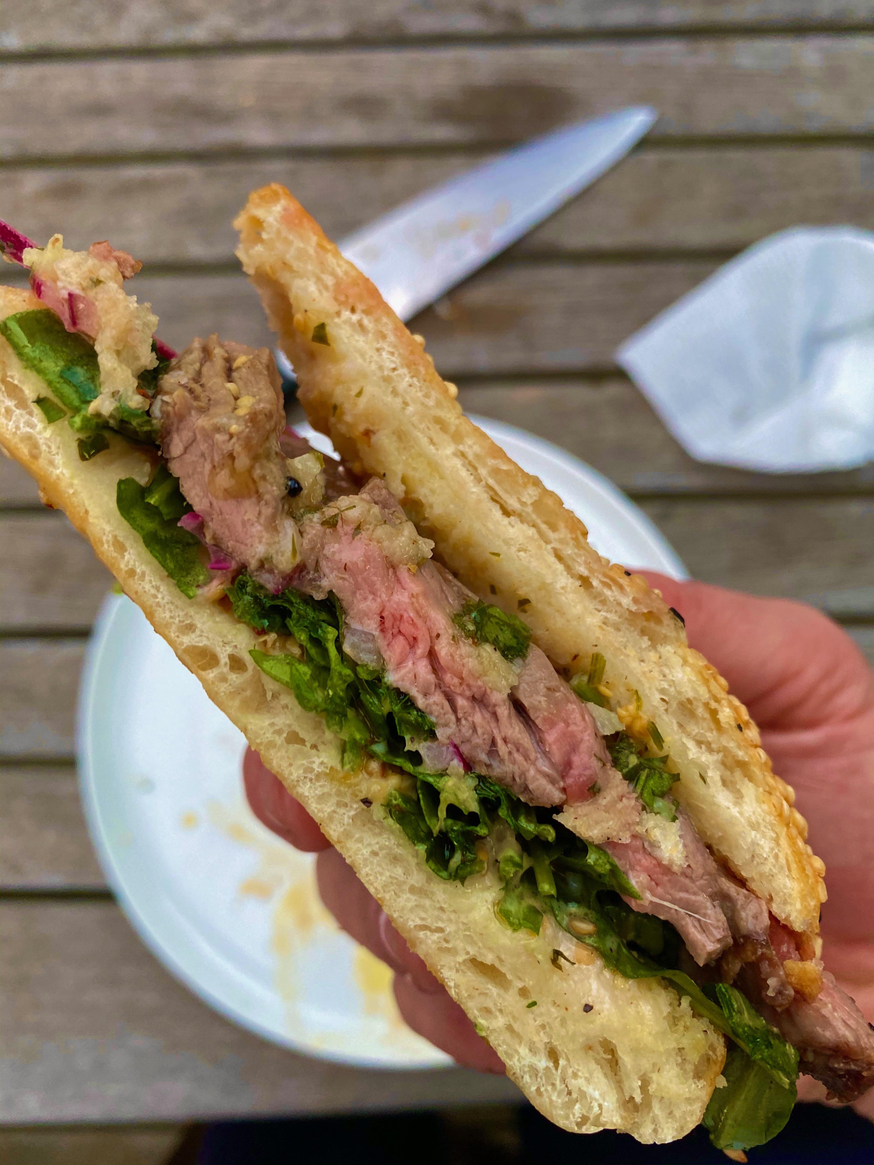 Skirt steak on Turkish, with garlic butter lemon parsley chimichurri
