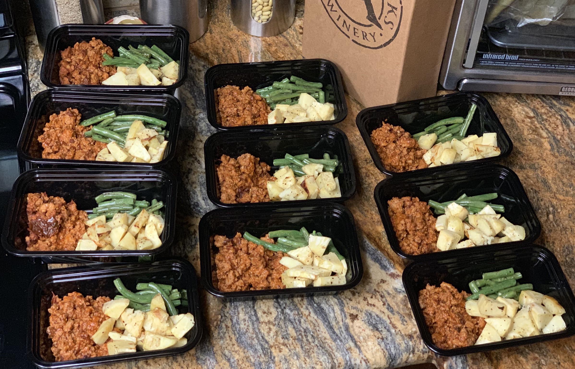 Chipotle ground turkey with green beans and baked sweet potatoes for