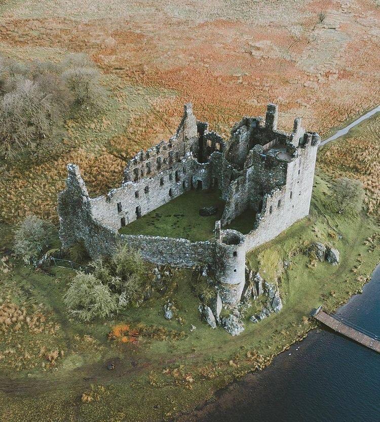 A birds eye view of Kilchurn Castle, Scotland. Built in the 1400s, it