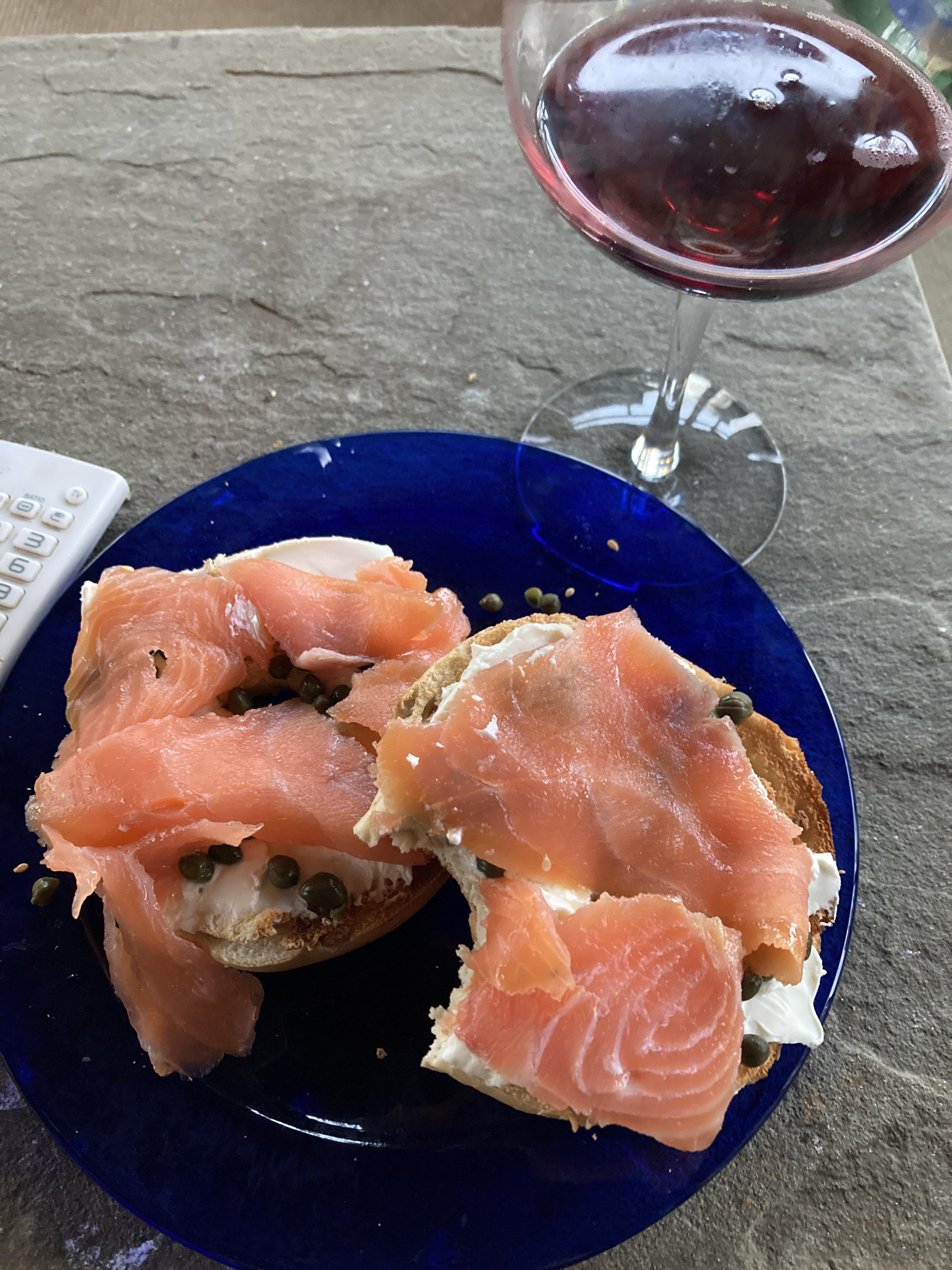 Bagels with cream cheese and lox, cheap red wine tonightsdinner
