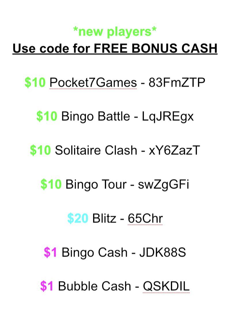 **VERIFIED PROMO CODES for all the best CASH games** Pocket7Games