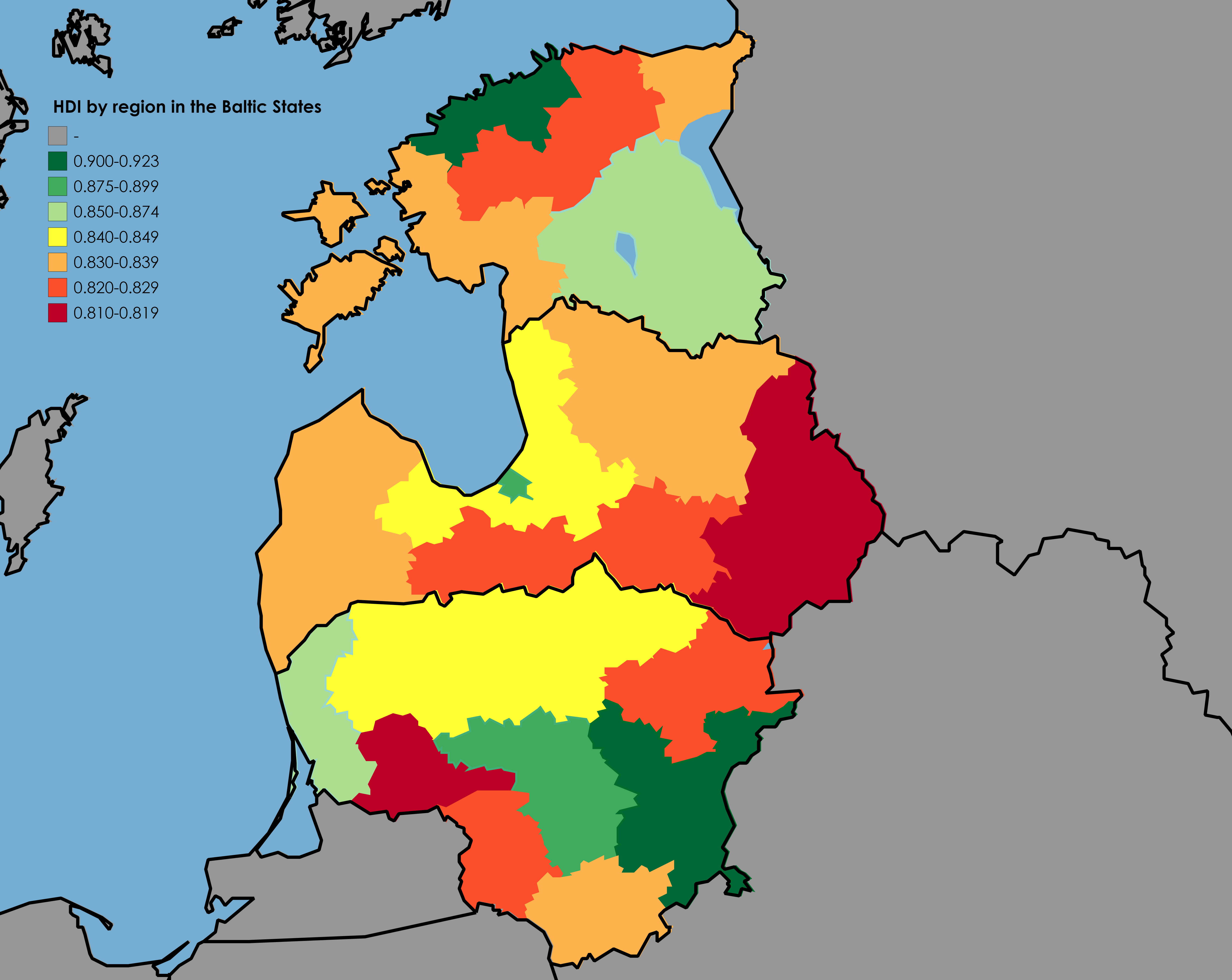 HDI by region in the Baltic States in 2018. Averages Estonia 0.882