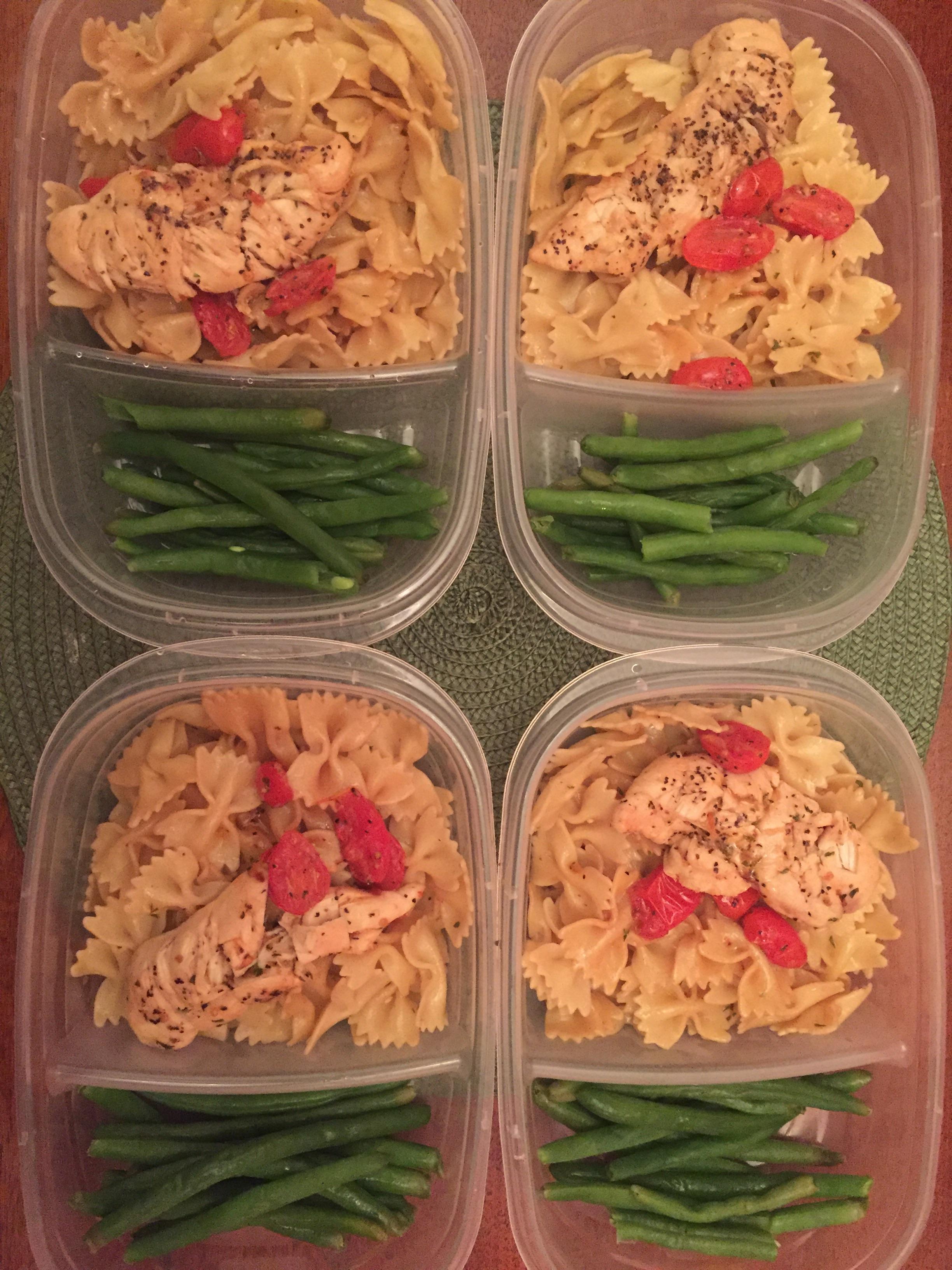 this week's mini meal prep! seasoned chicken, balsamic pasta, tomatoes