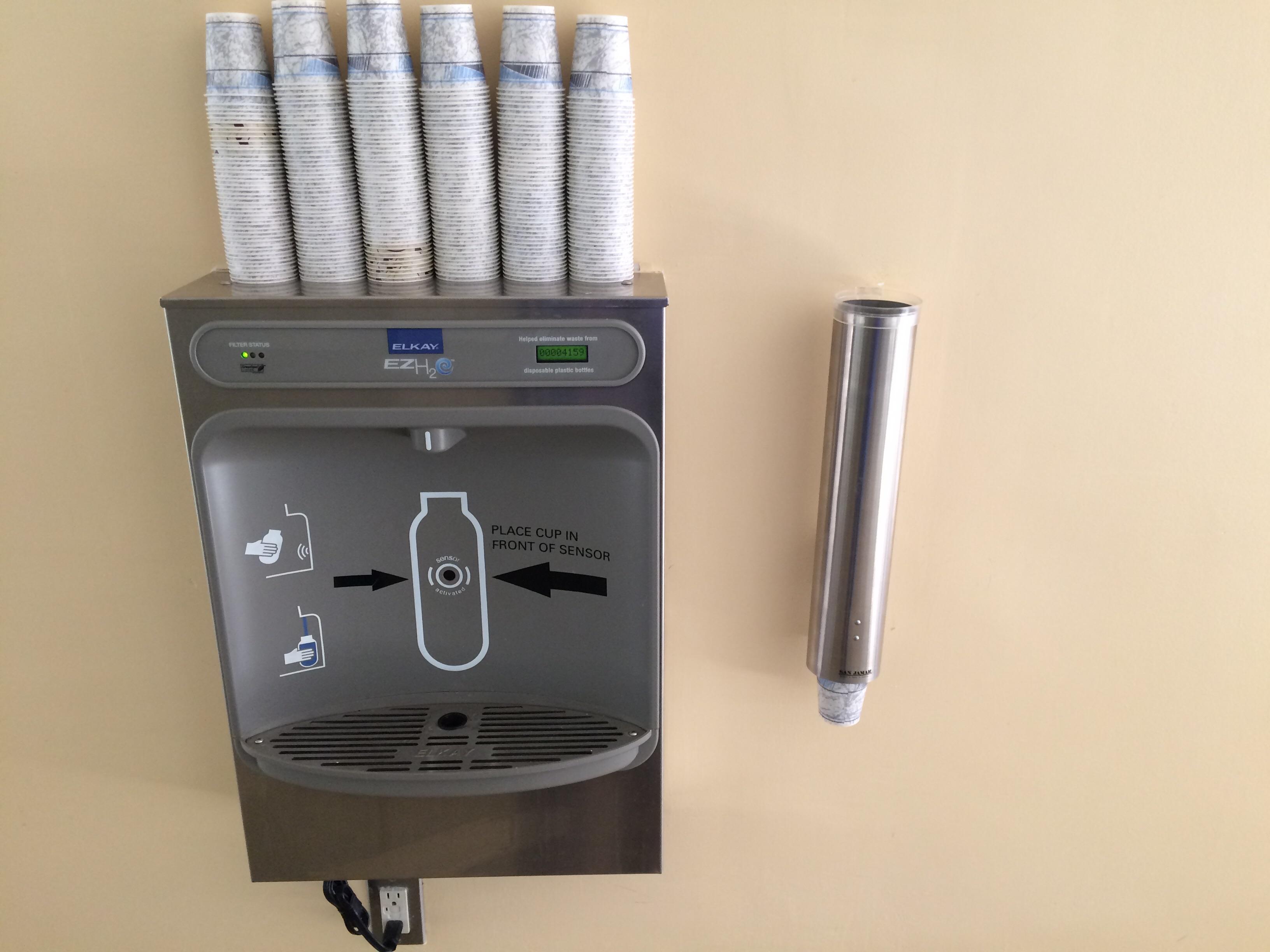 This water fountain, intended for refillable bottles, uses disposable