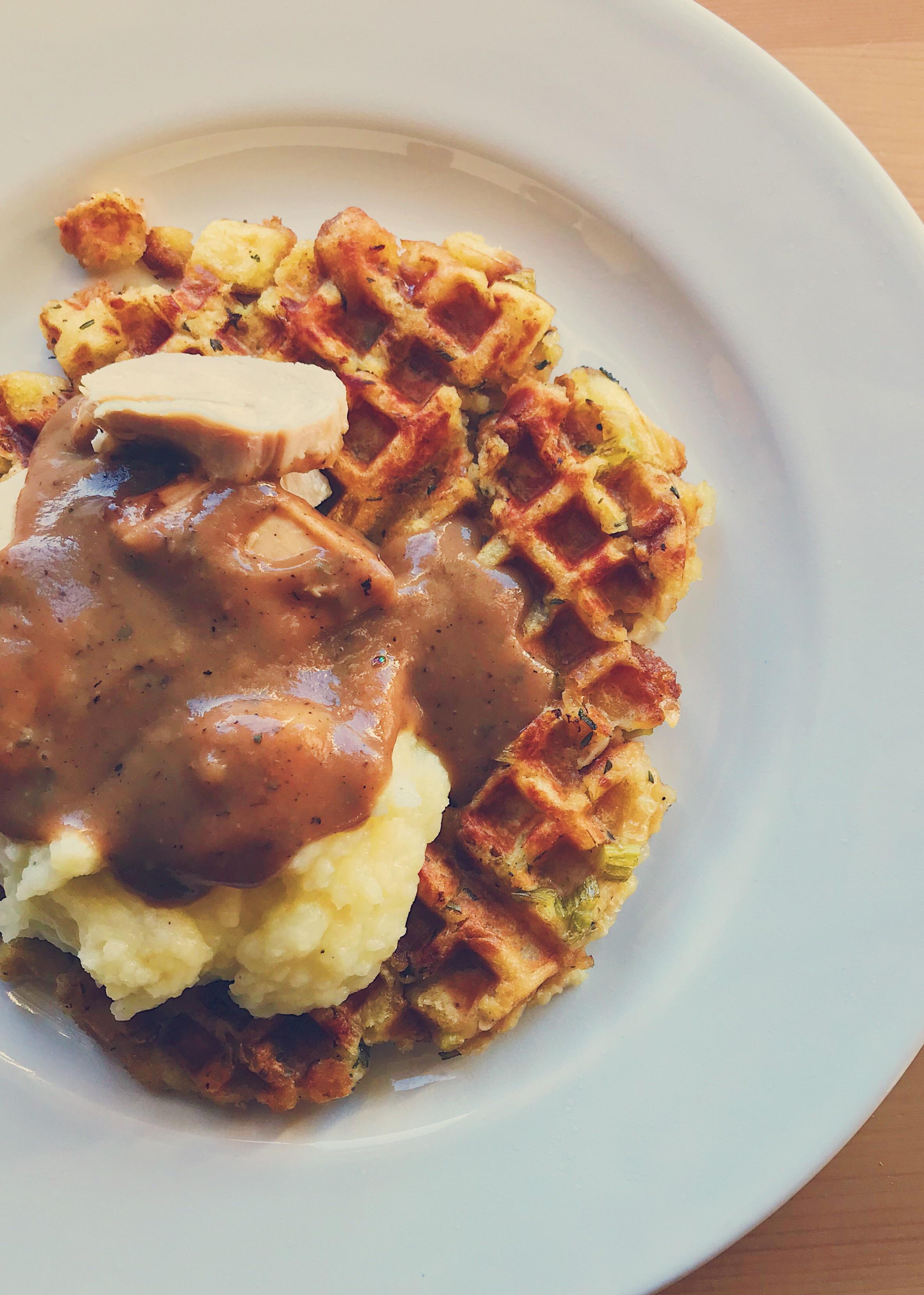 [Homemade] stuffing waffles with turkey, potatoes, and gravy. r/food