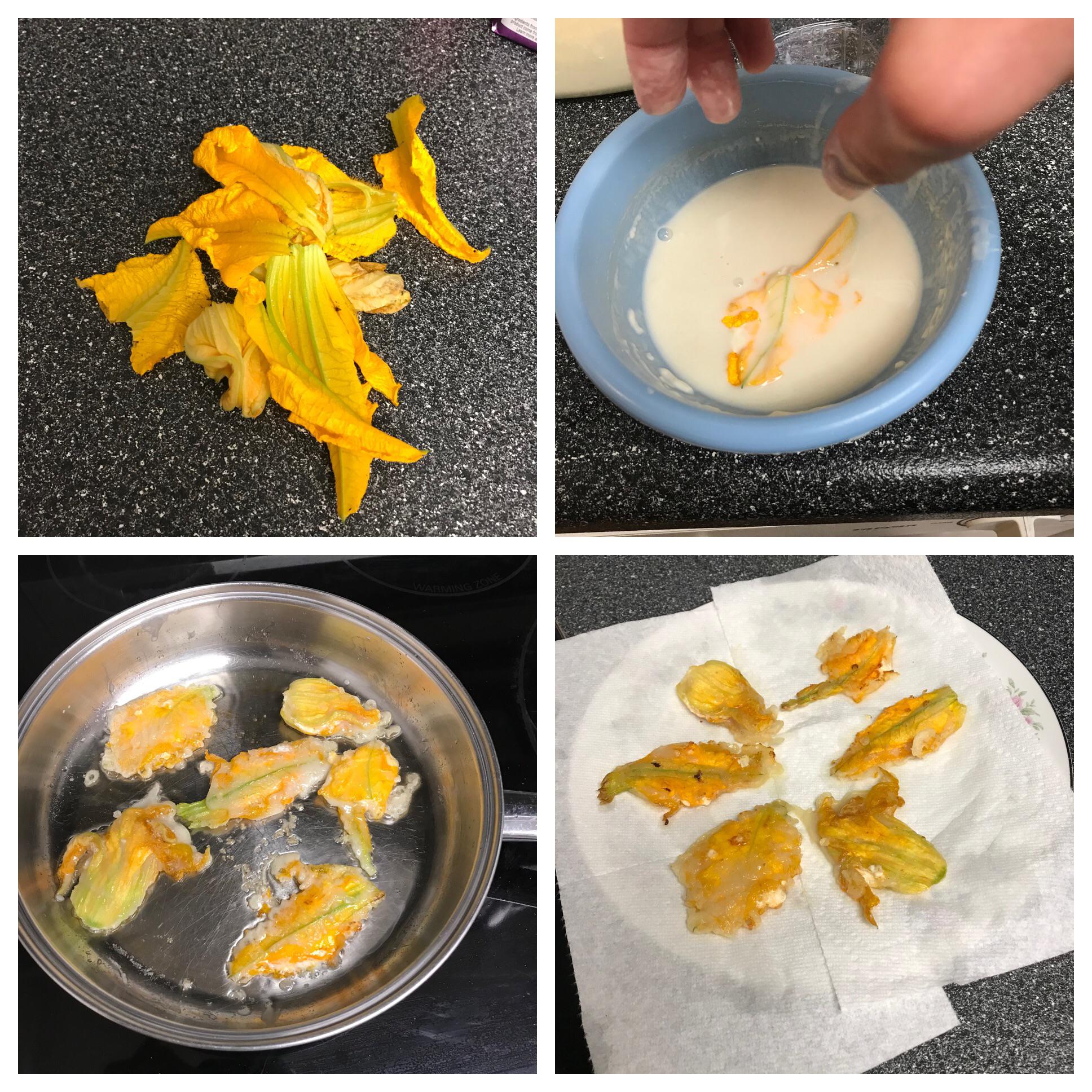 Looked up a recipe… Cream cheese stuffed squash blossoms… Was yummy