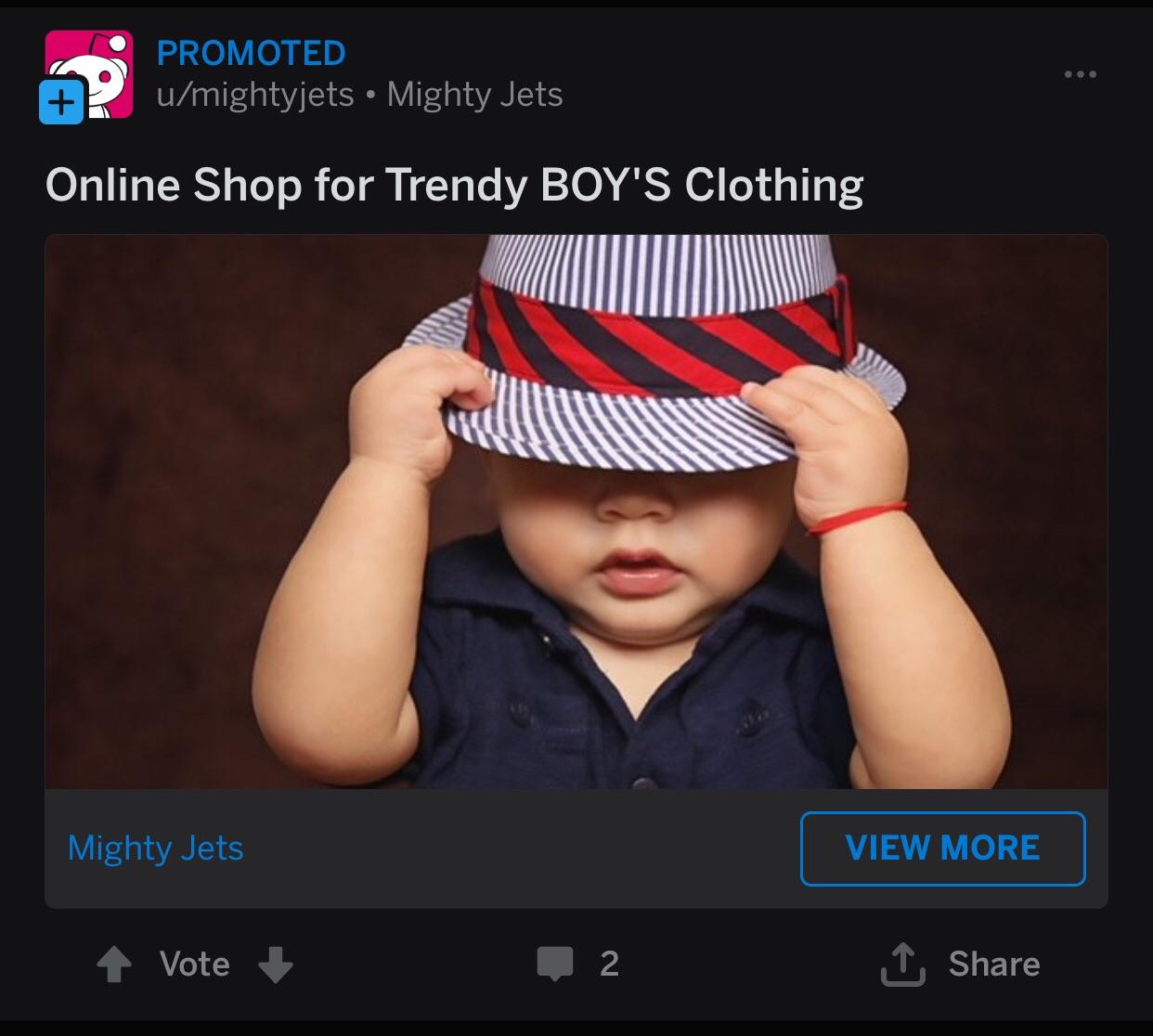 ‘Trendy’ boys clothing advert on reddit. Something tells me the owner