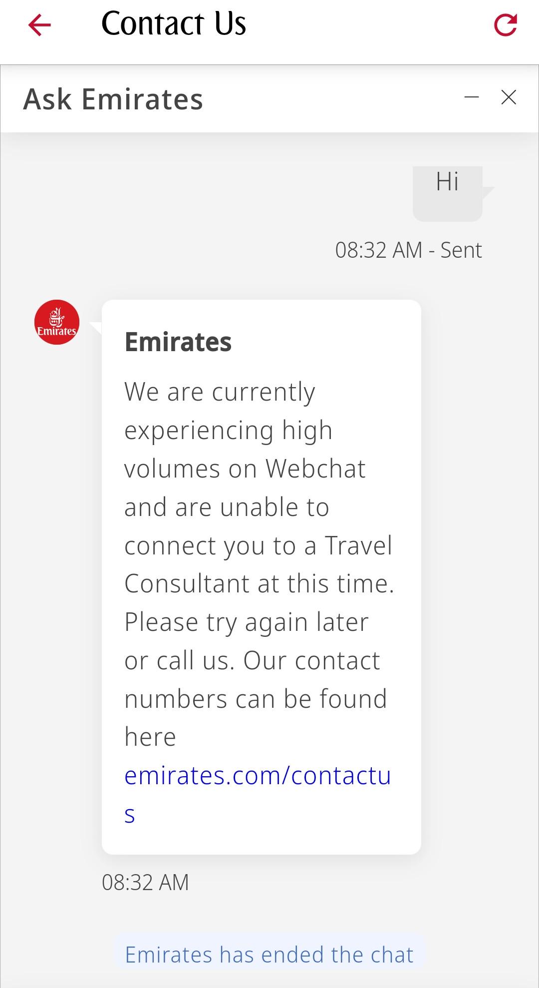 No live chat . No response. r/emirates