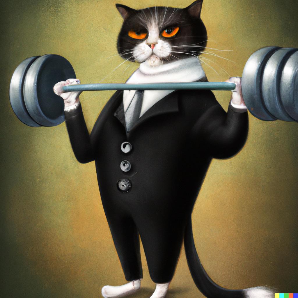 A cat in a tuxedo lifting weights in the style of Van Gogh r/dalle2