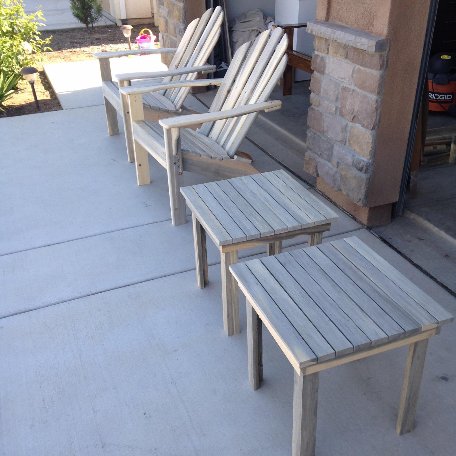 Adirondack chairs and matching side tables made of reclaimed blue pine
