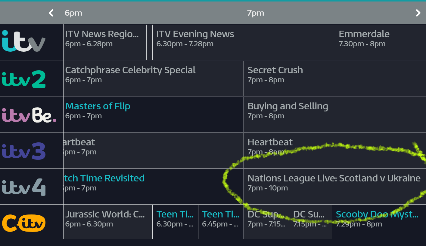 Wow, the Scotland game is on council telly tonight on channel