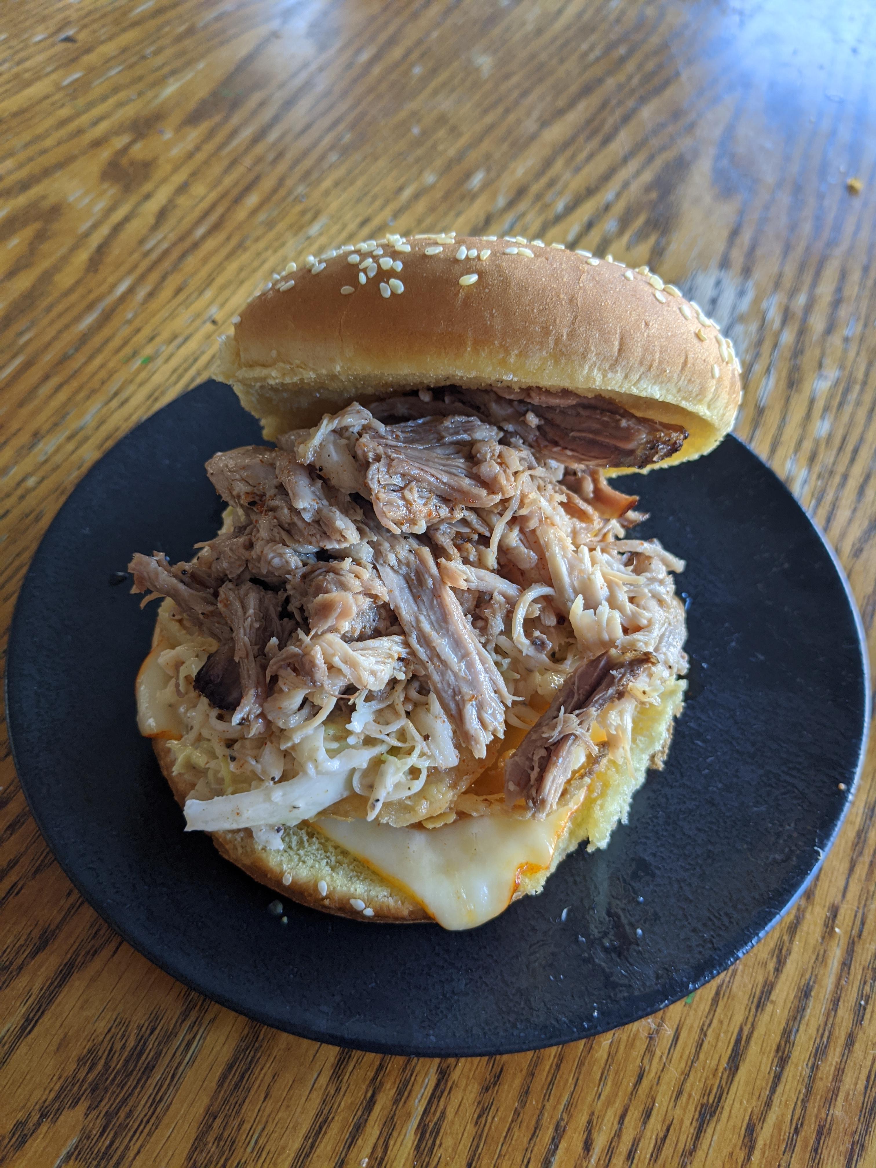 Smoked pork shoulder, muenster cheese, homemade BBQ sauce, homemade