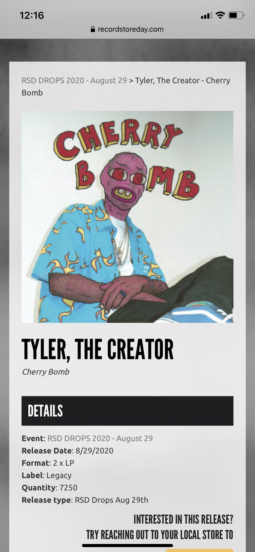 Cherry bomb vinyl changed from rsd first r/tylerthecreator