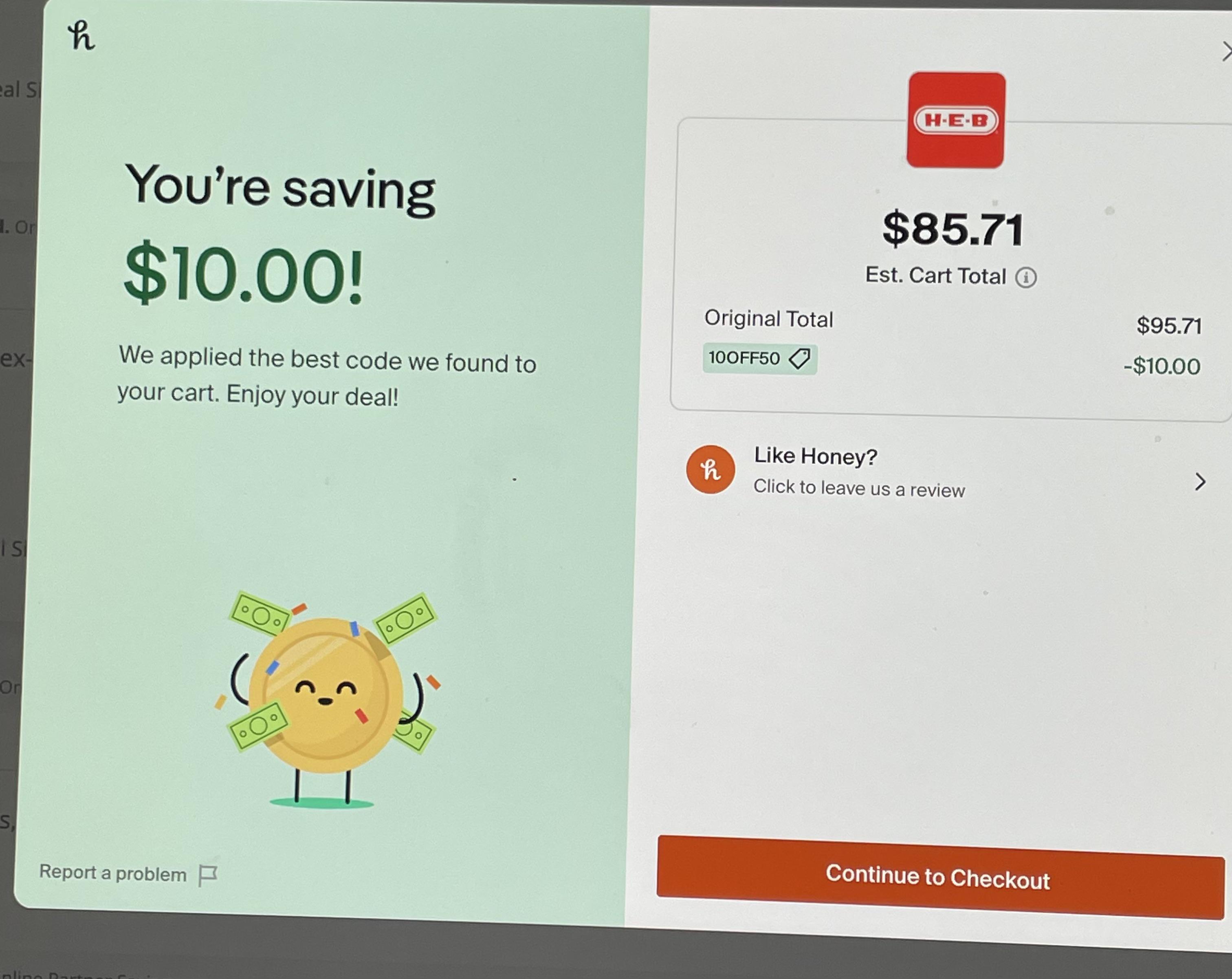 Code 10OFF50 works for curbside. r/HEB