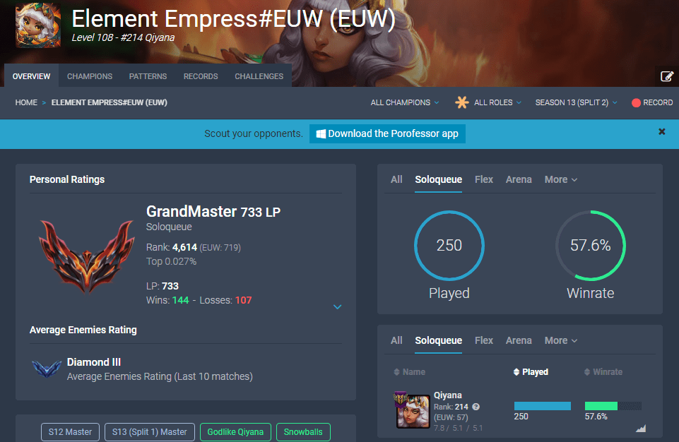 I'm the highest ranked Qiyana OTP in EUW with 100 Playrate on Qiyana AMA r/QiyanaMains