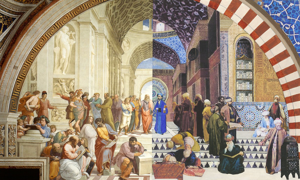 A split painting of the School of Athens and the House of Wisdom