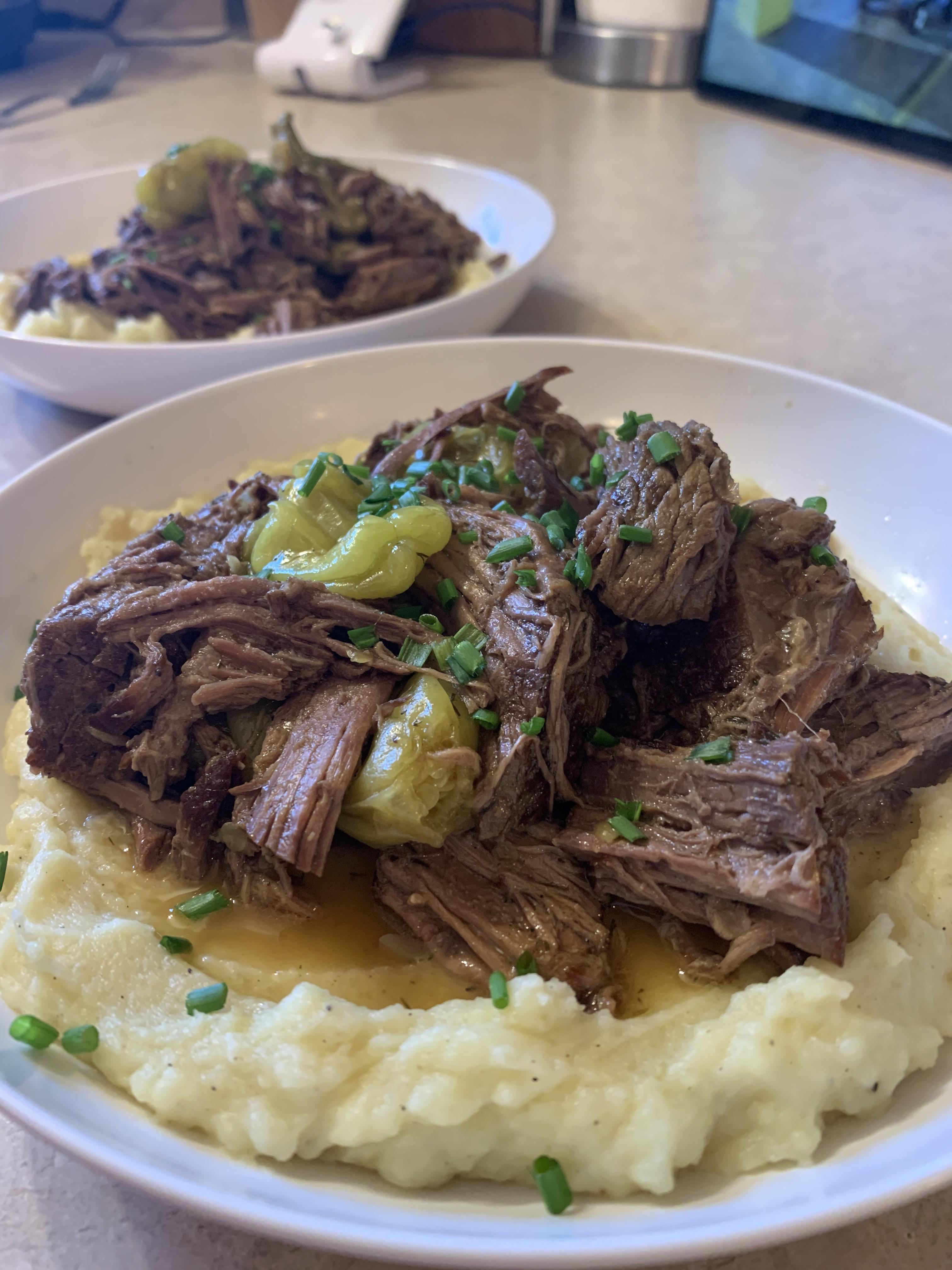 [homemade] Mississippi Pot Roast over Roasted Garlic Mashed Potatoes r/food