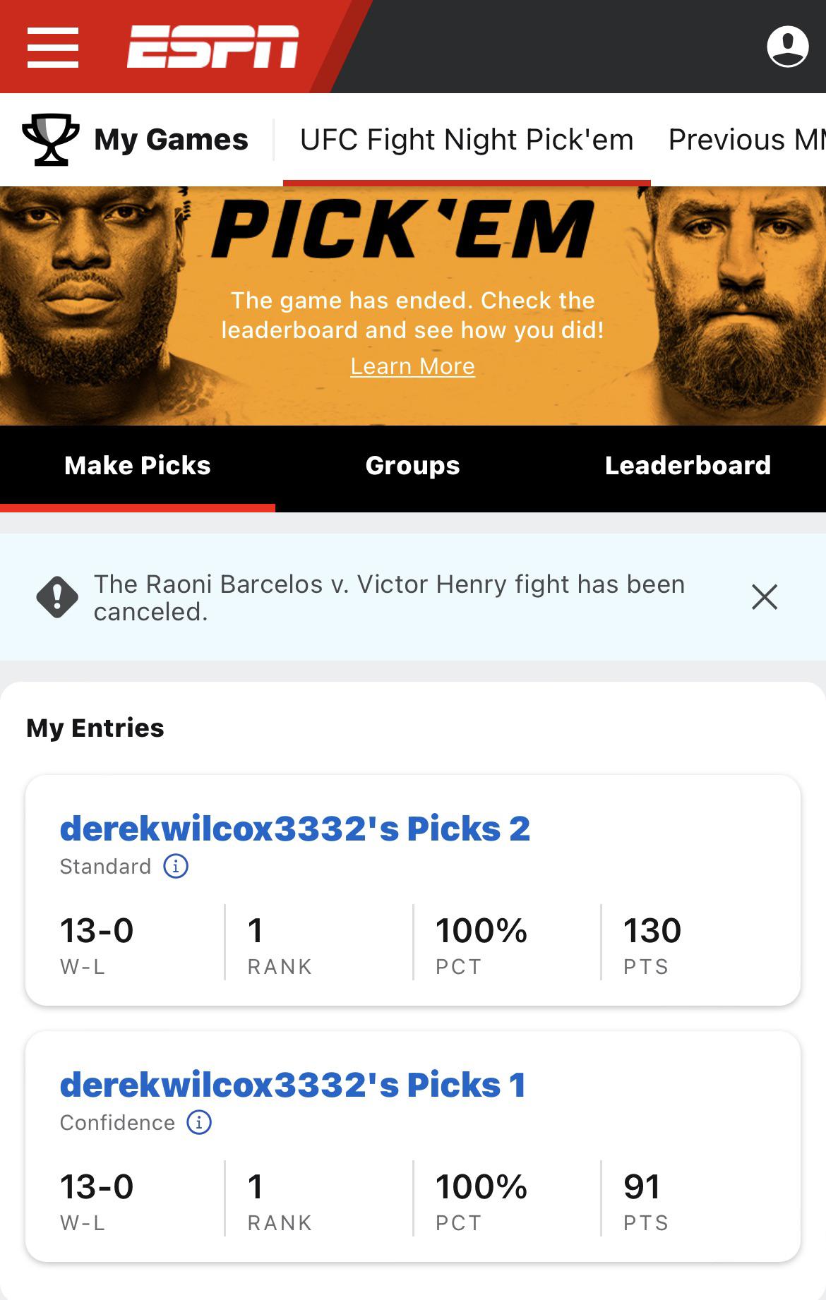I got a perfect score on the ESPN pickem for last weekend and got UFC