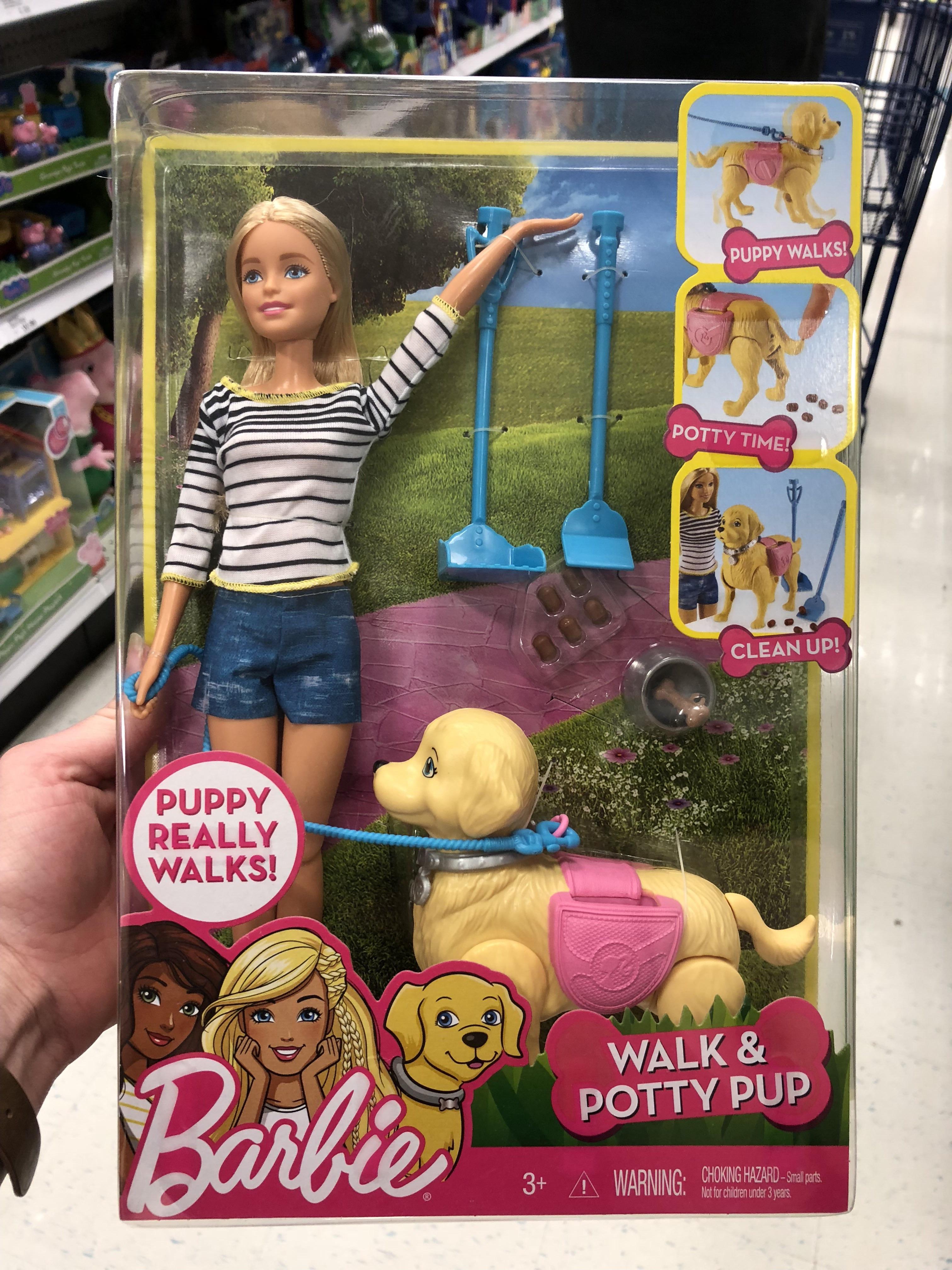 Barbie Walk & Potty Pup, even comes with a pooper scooper. Push down