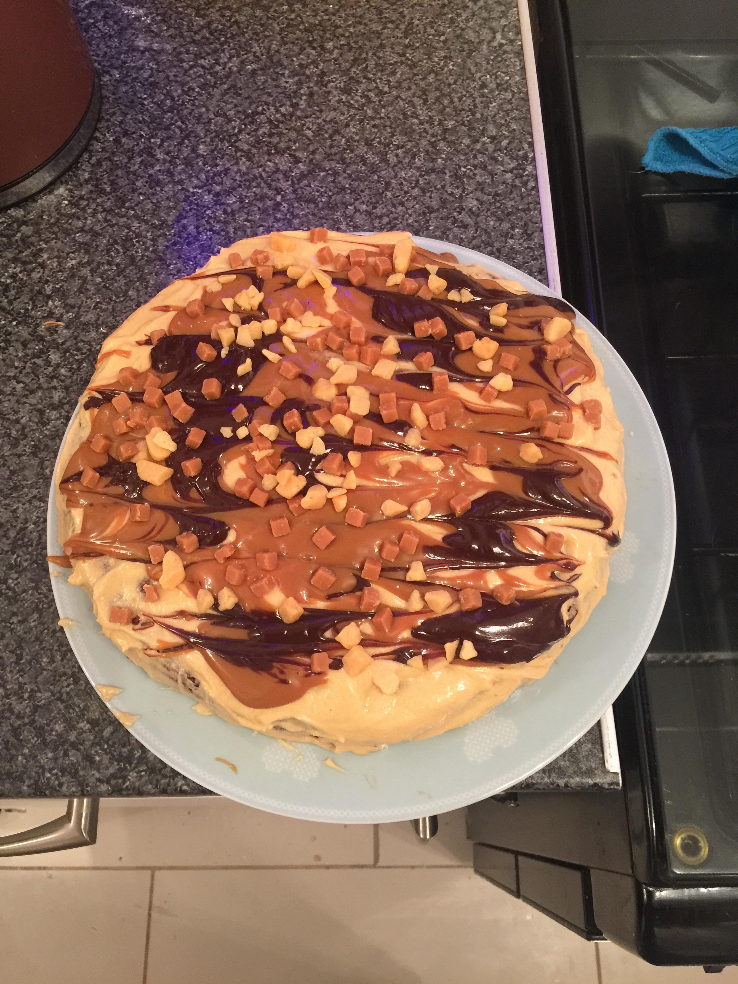 A Chocolate and Caramel Sponge Cake with Fudge and Pieces r