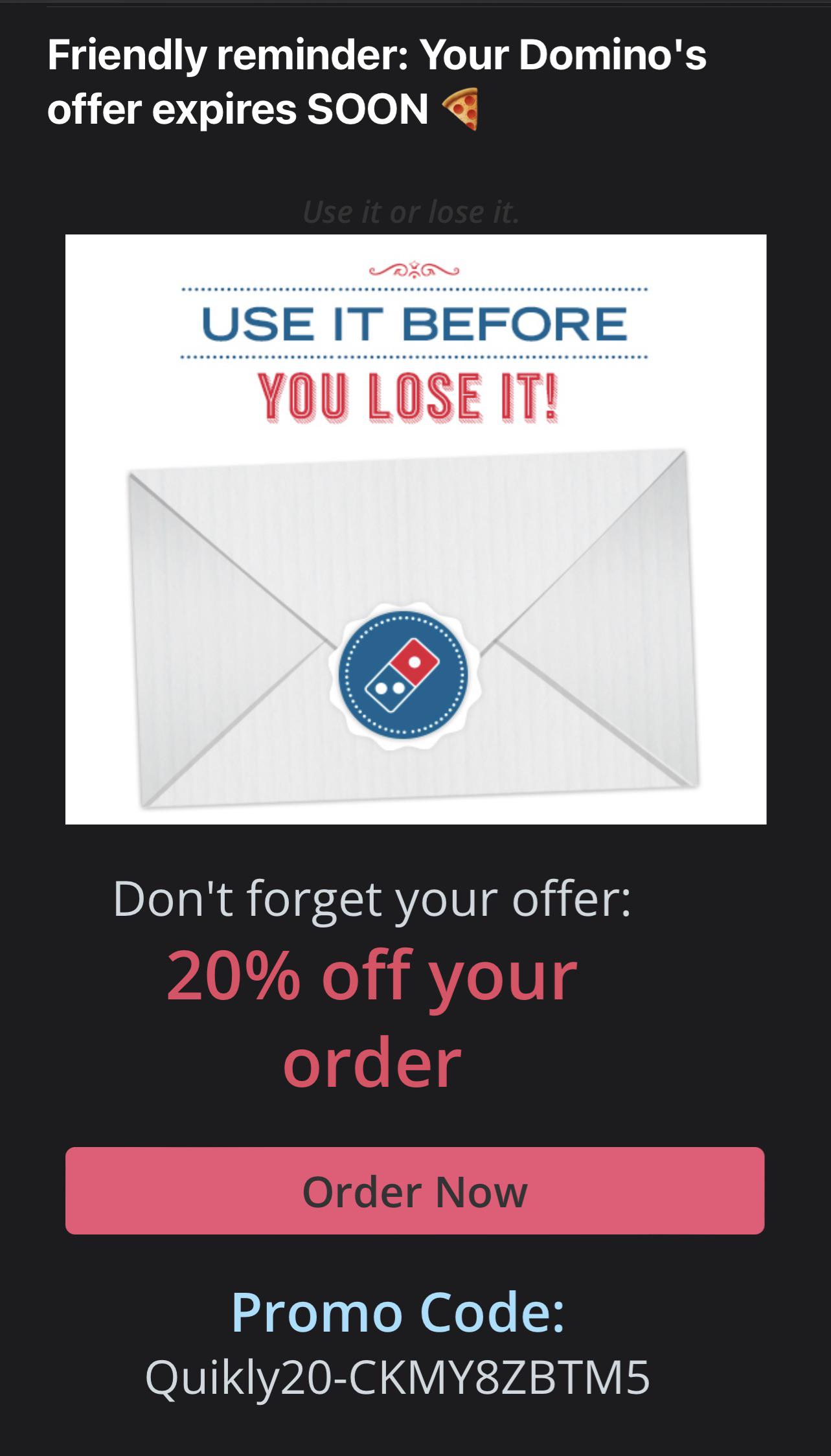 20 off Dominos promo code. Expires 12/2/22 r/Freefood