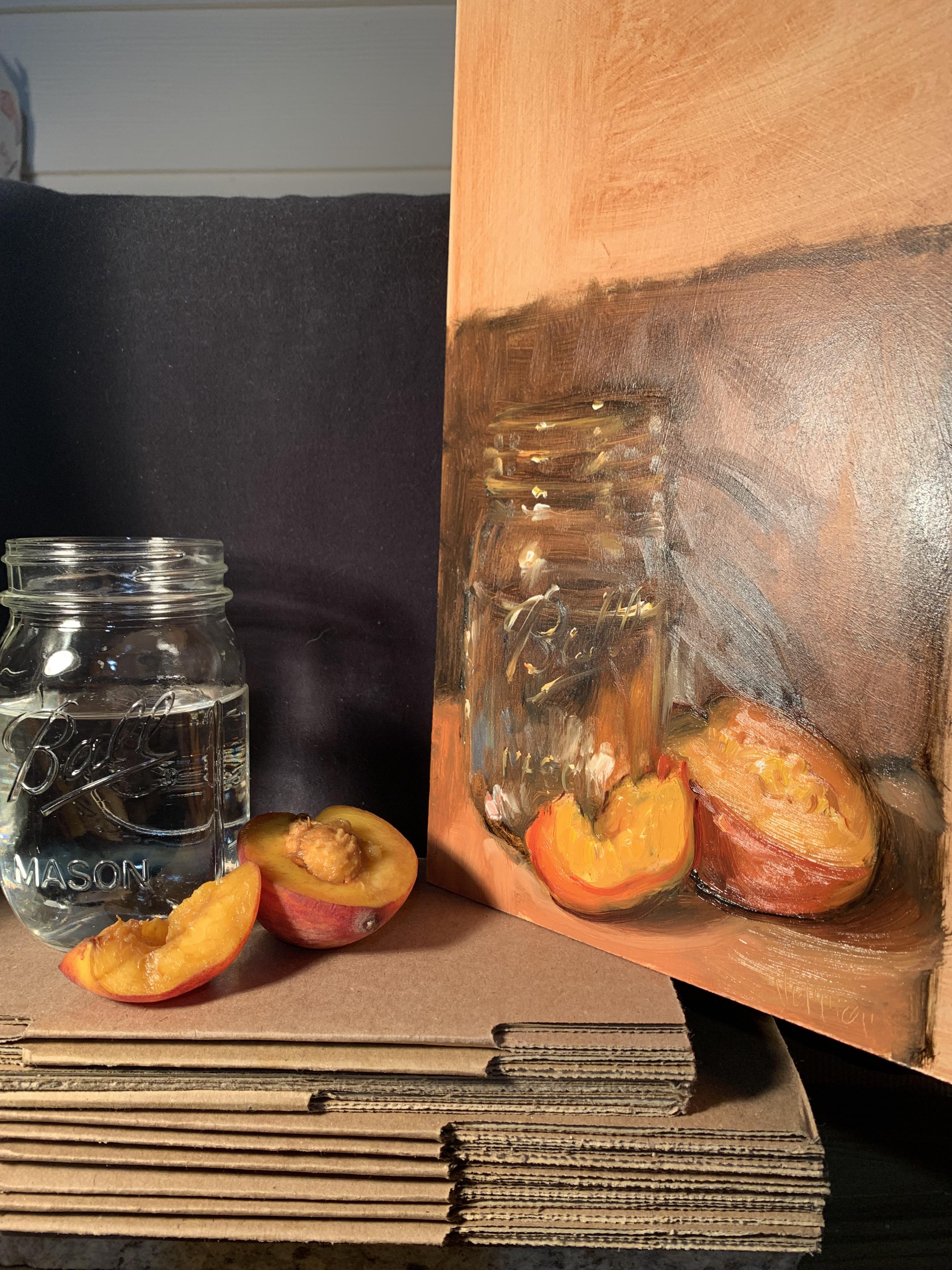 This oil painting I made of Peaches & Jar of Water / the setup r/pics