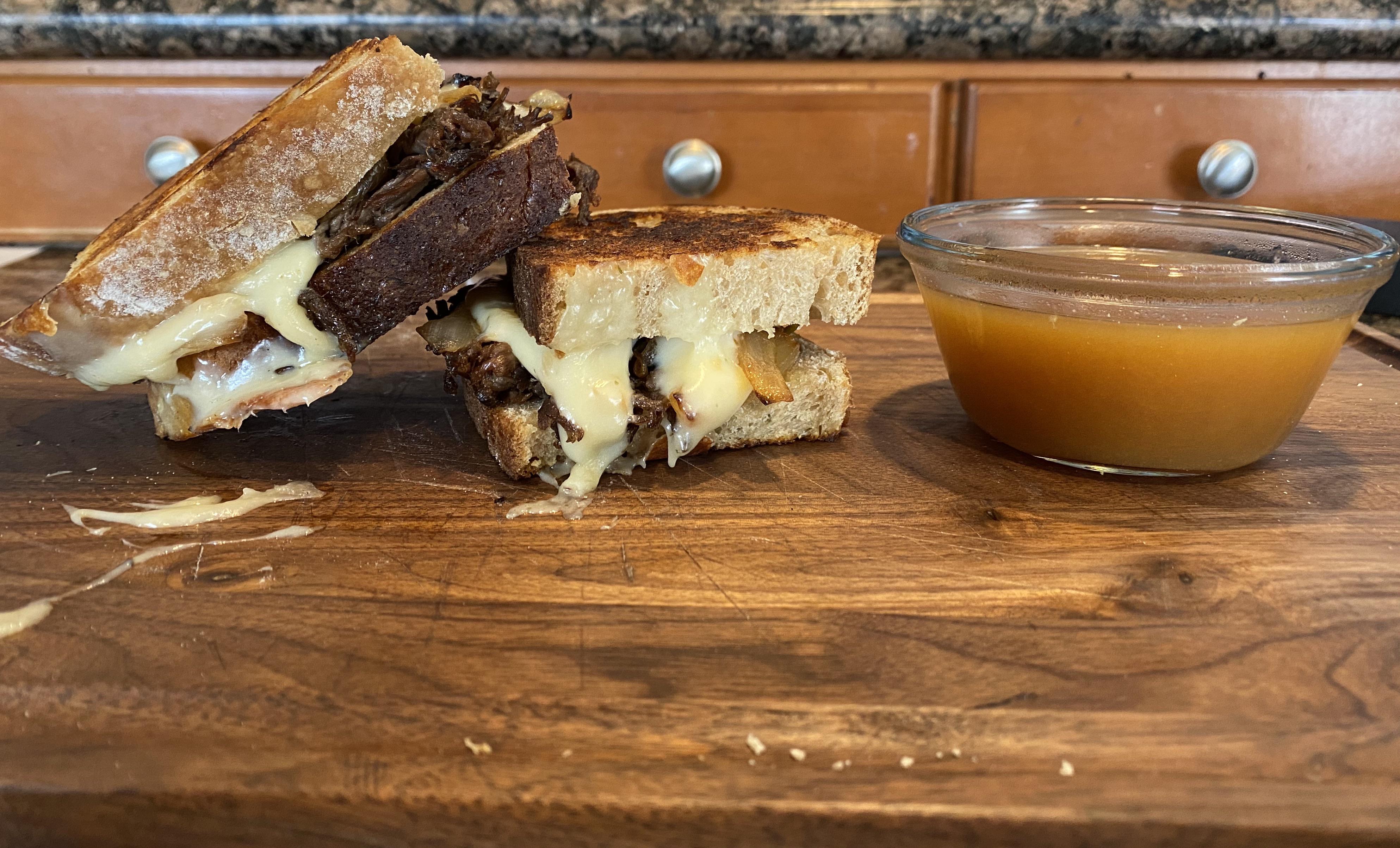 [Homemade] Leftover Pot Roast French Dip with Steakhouse Onion Cheddar