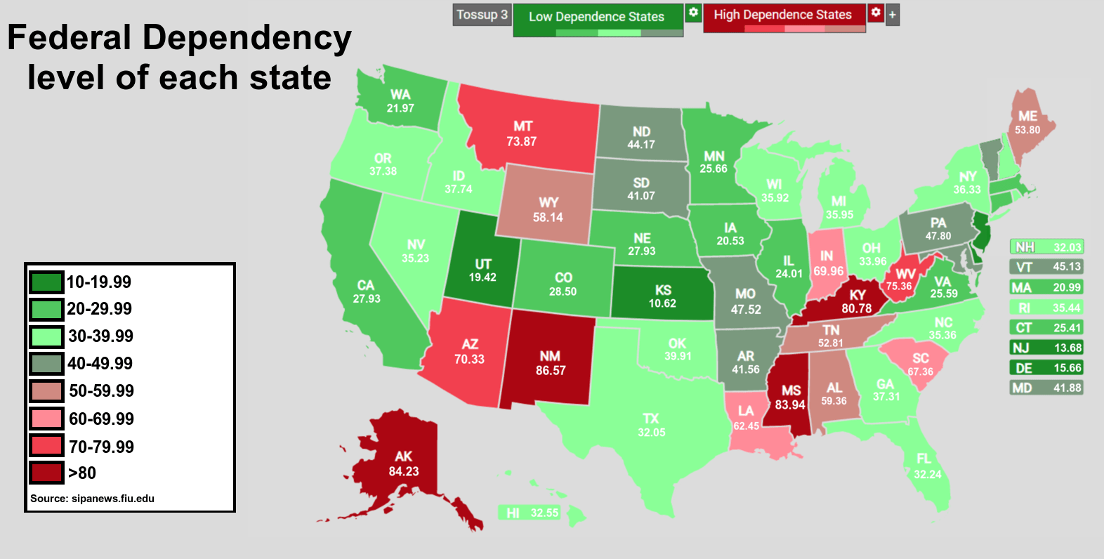 Federal Dependency level of each state r/MapPorn