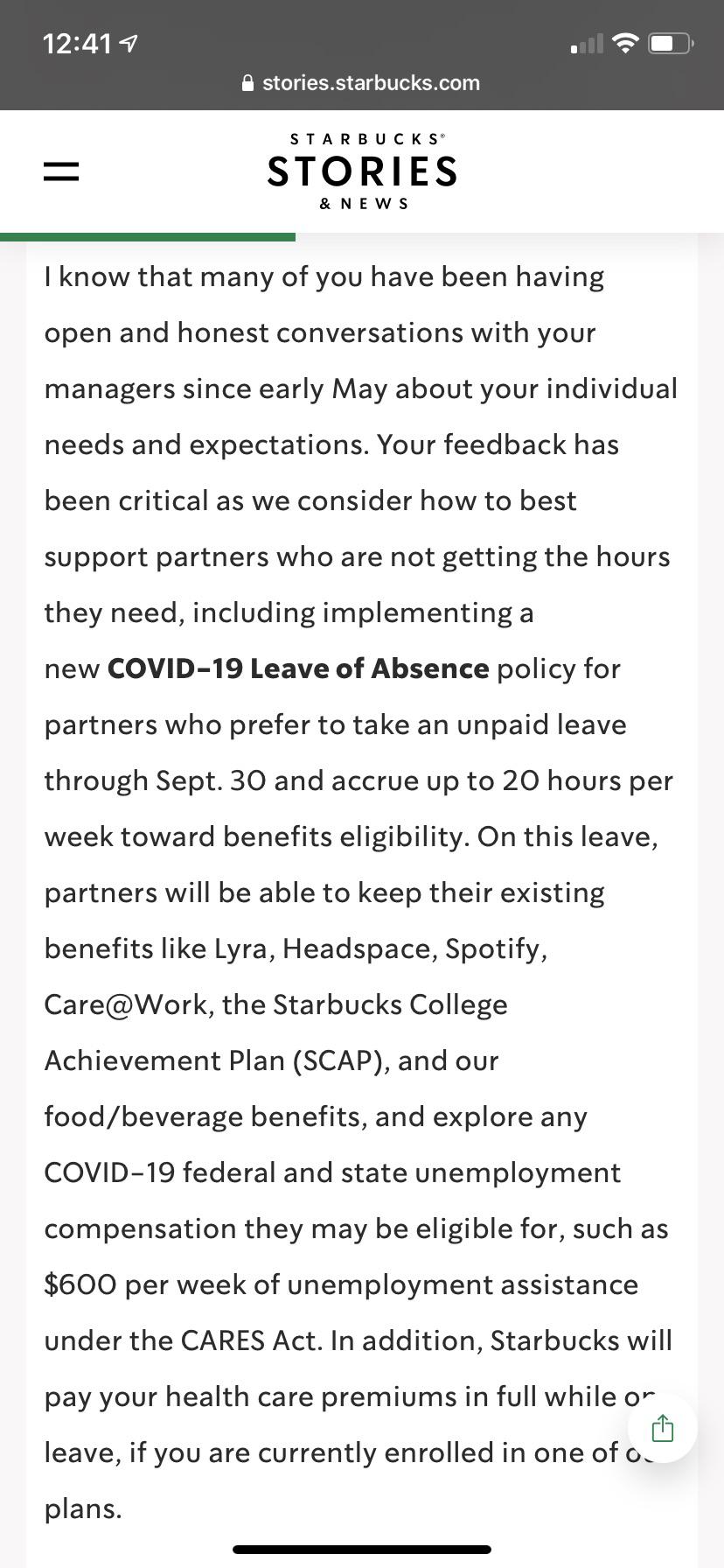 starbucks implements a new COVID19 Leave of Absence policy for