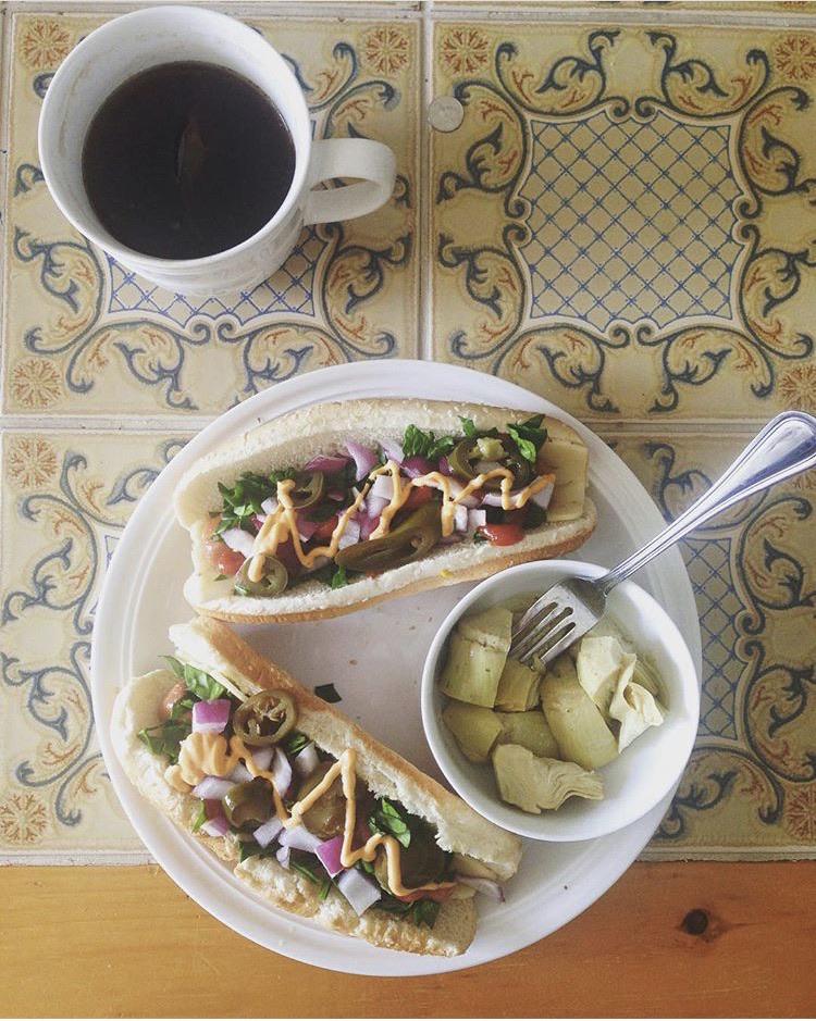 Veggie Dogs with spinach, jalapeños, red onions, Monterey Jack Cheese, Ketchup, mustard and