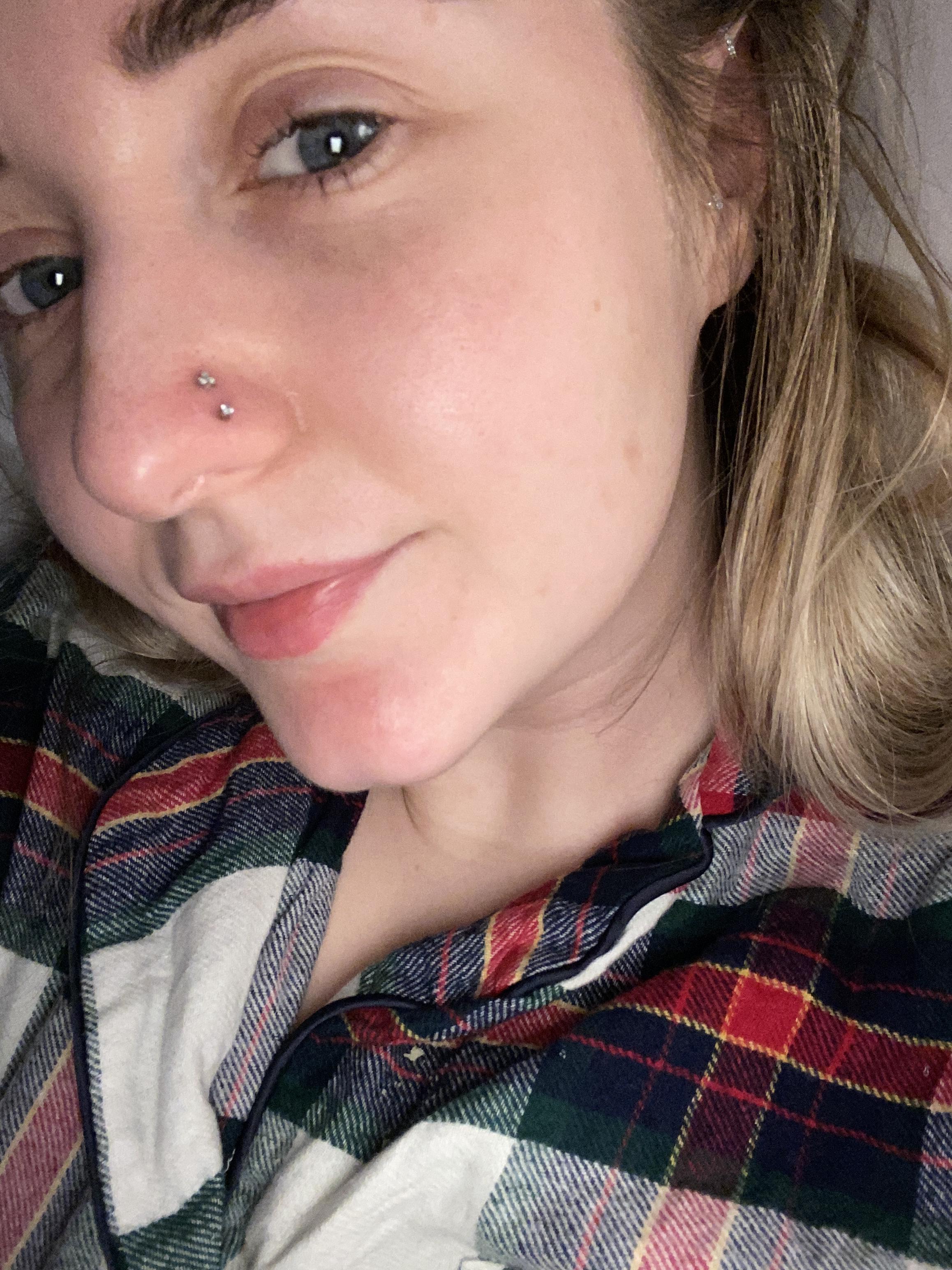 Double nose piercing. Reopened the top one (ouch!) and will add a ring