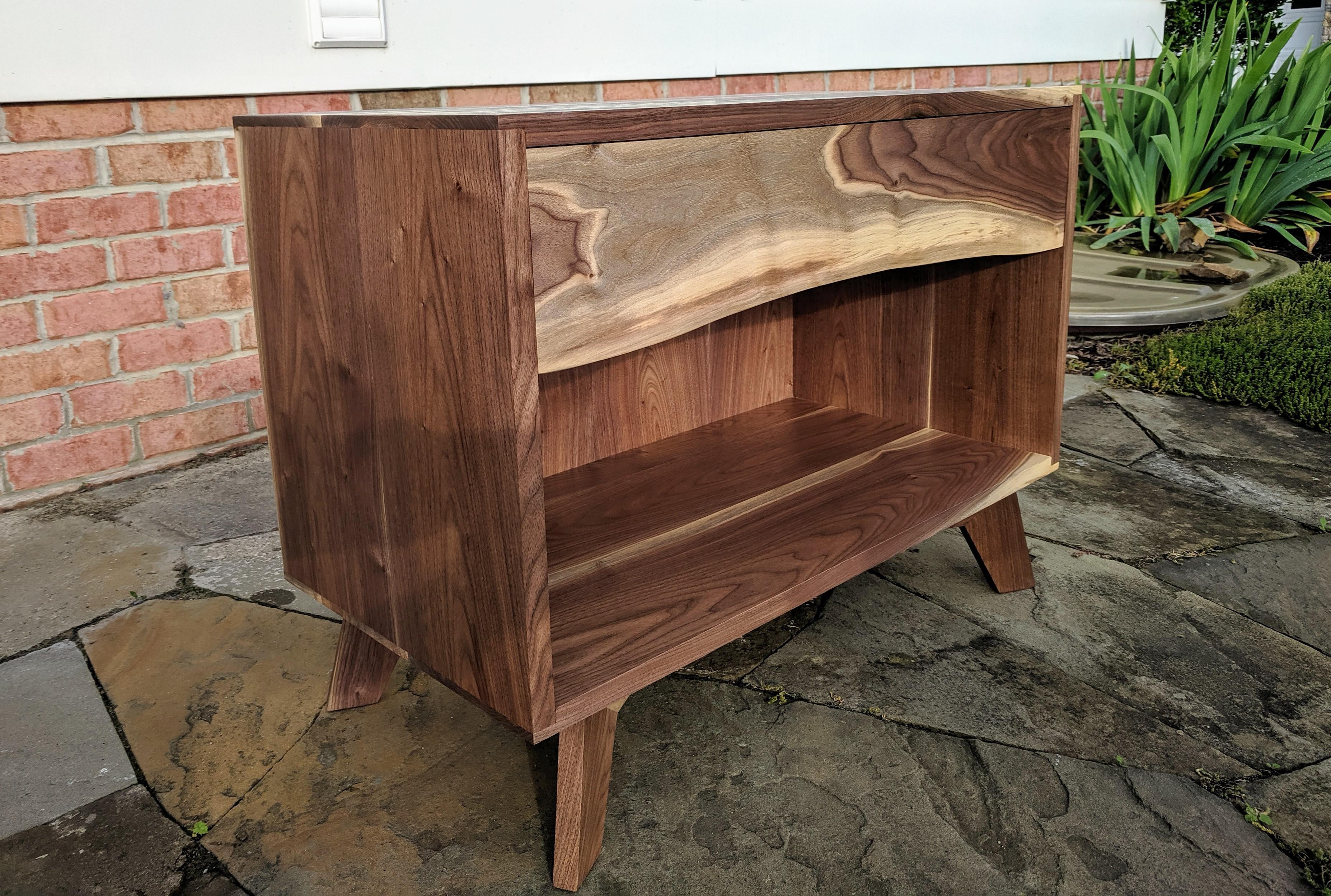 Mid Century inspired, live edge walnut nightstand. Sourced the lumber