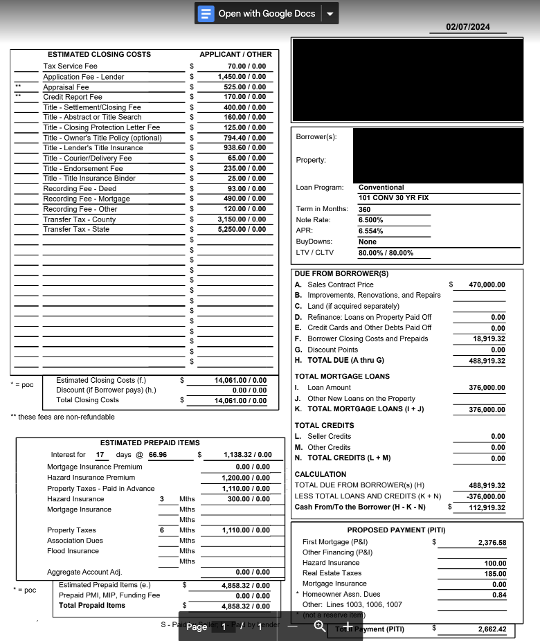 I was given this Closing Cost worksheet how does it look? Anything