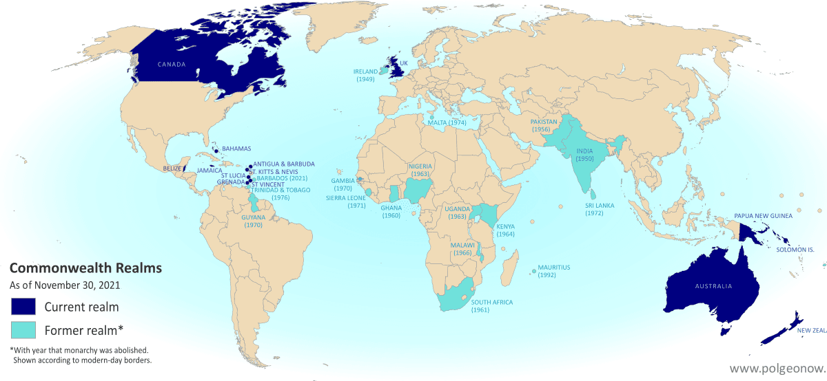 The 15 sovereign states headed by Queen Elizabeth II r/MapPorn