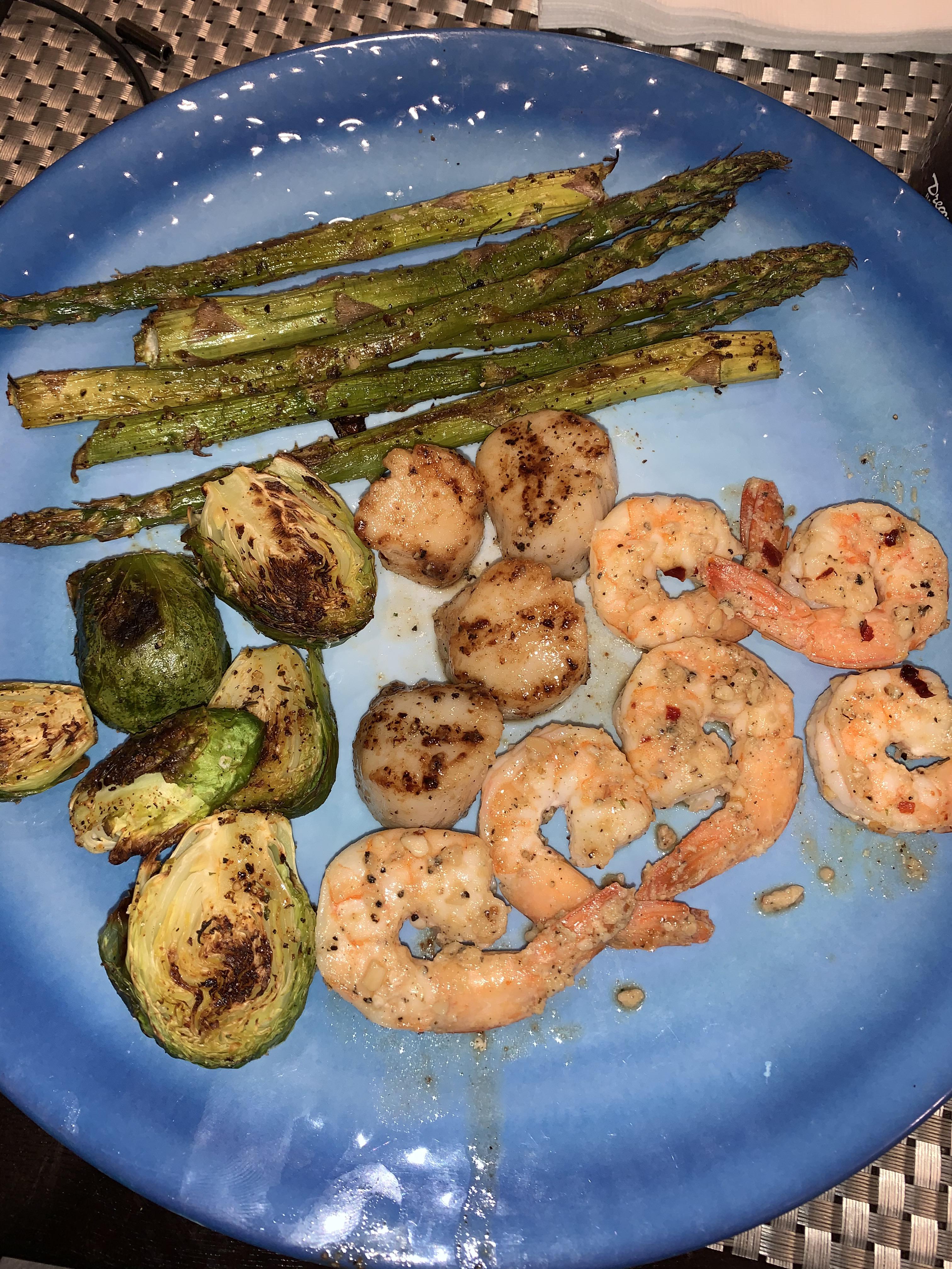 Garlic shrimp with scallops, roasted brussels sprouts, and asparagus