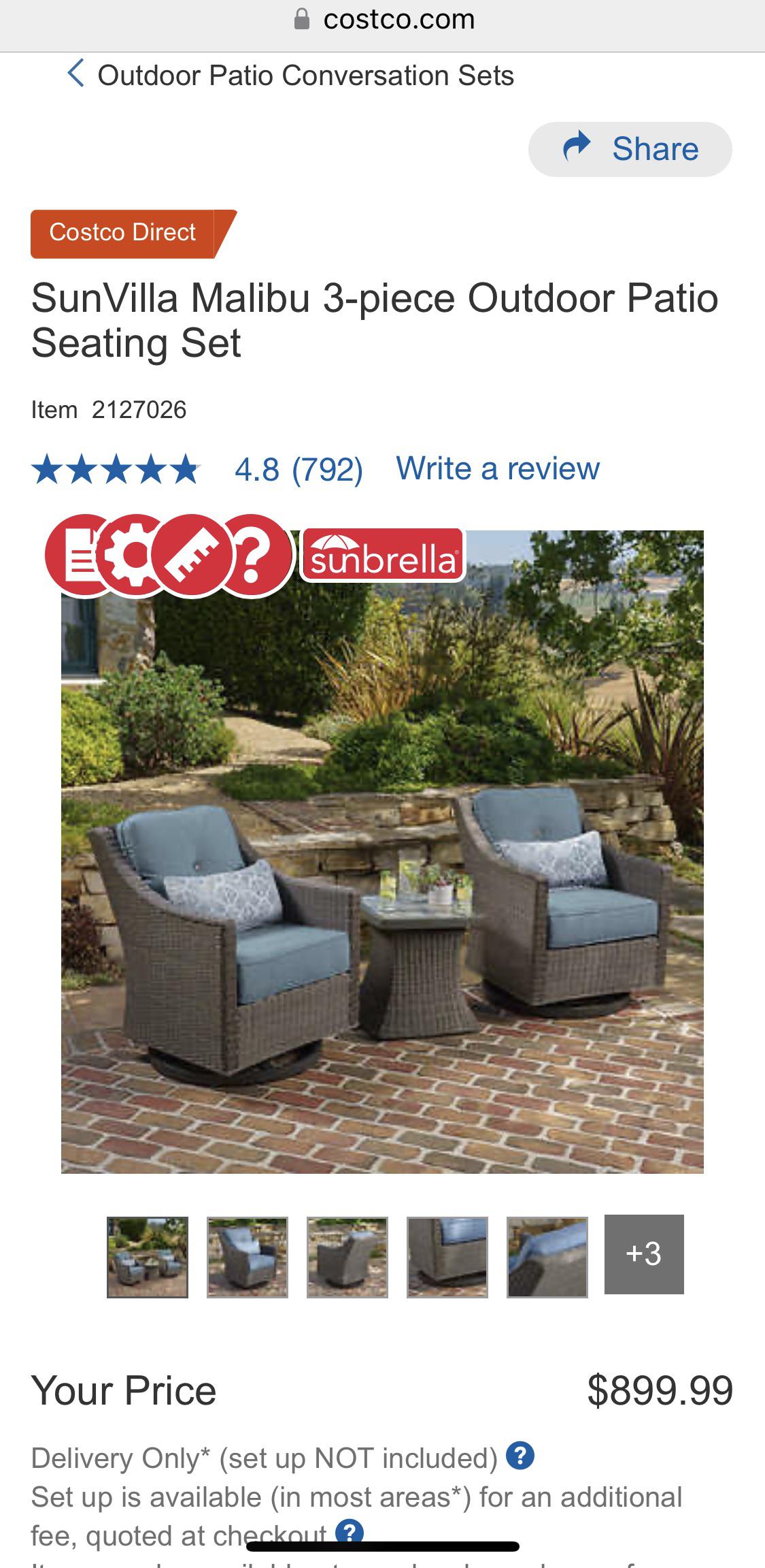 SunVilla Malibu 3 piece outdoor in stock warehouse r/Costco