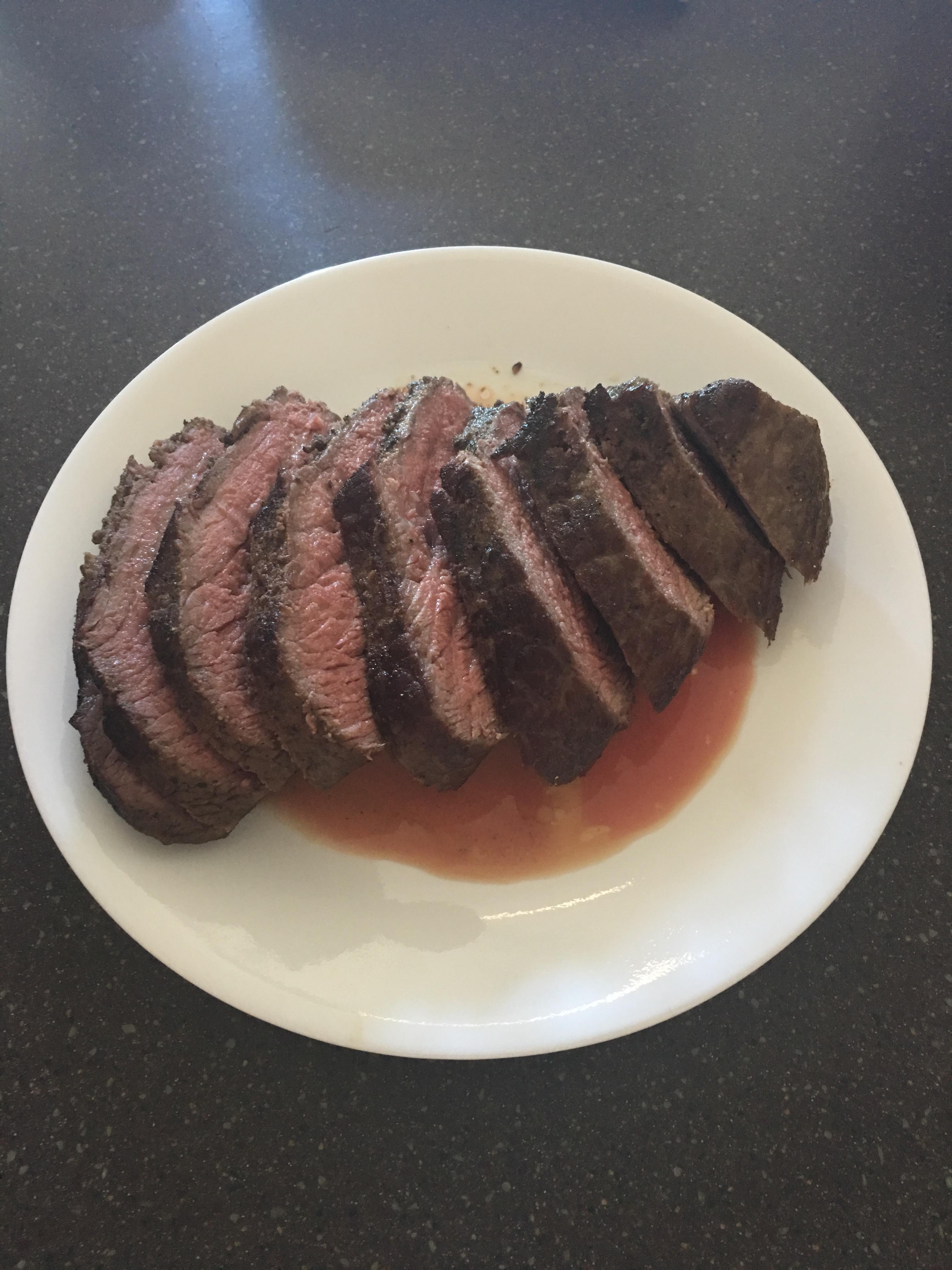 First longish cook! Beef bottom round roast. 12hour brine + 12hour