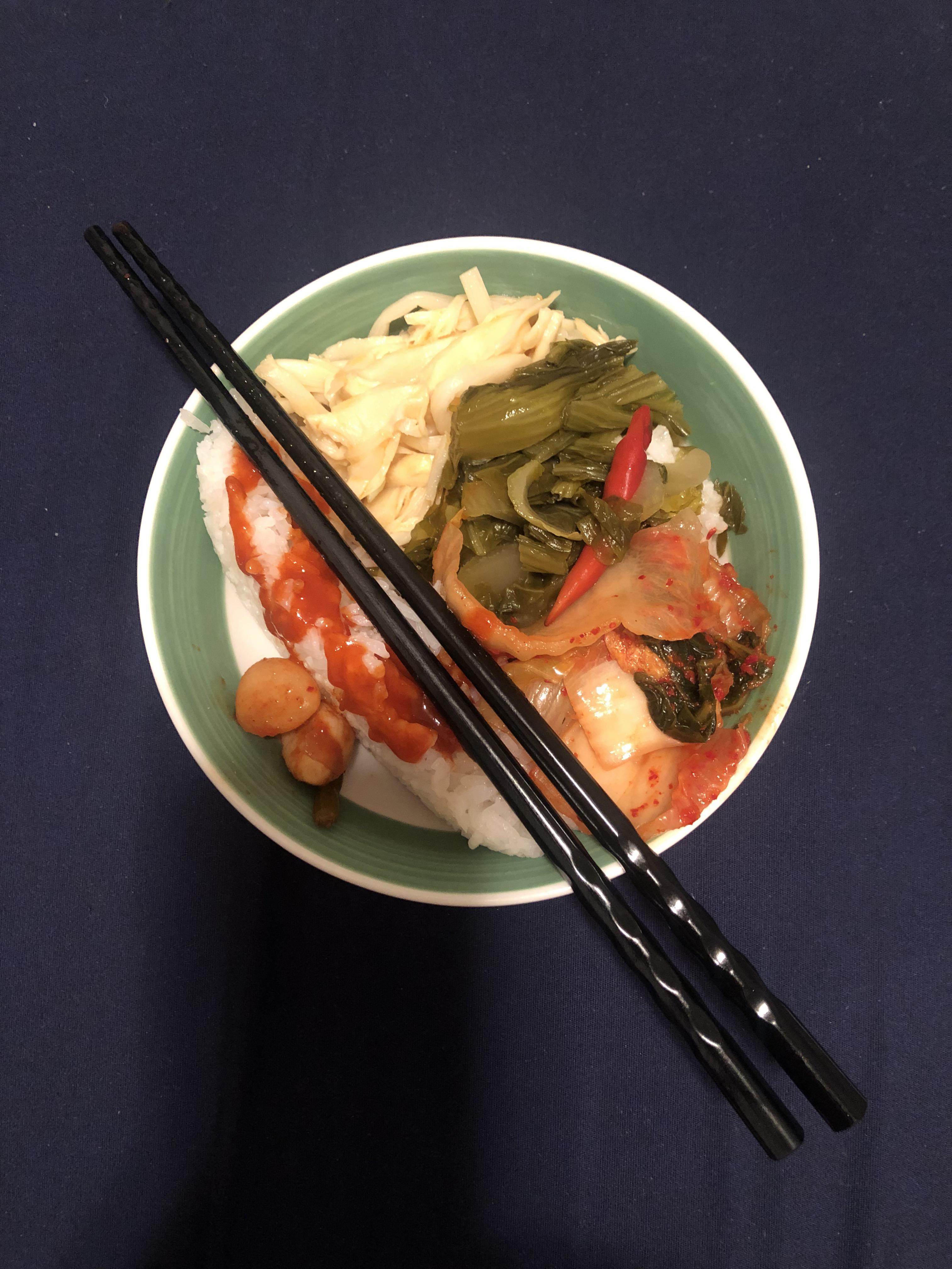 Pickled Bamboo Shoots, pickled Greens, kimchi, pickled garlic.... r/vegan