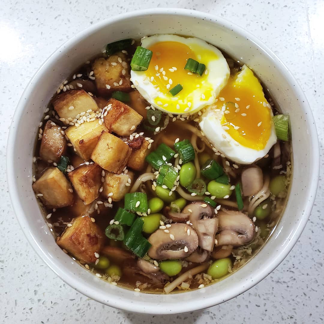 Tonight's dinner Ramen with crispy tofu, mushrooms, edamame and egg