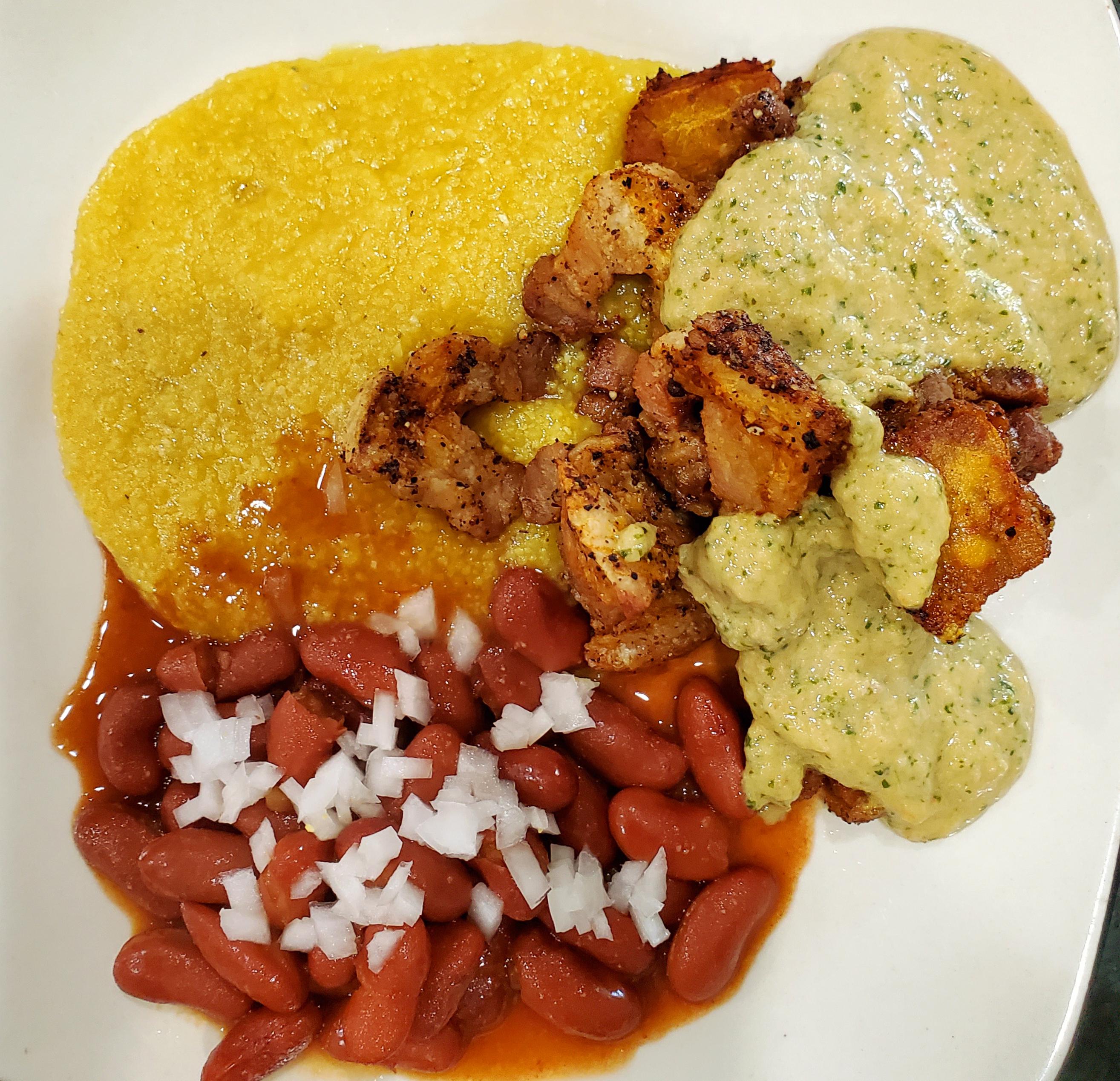 [I ate] Chicharrones with Aji Verde Sauce, kidney beans, and saffron