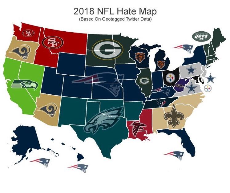 NFL Hate Map 13 states hate the us Patriots
