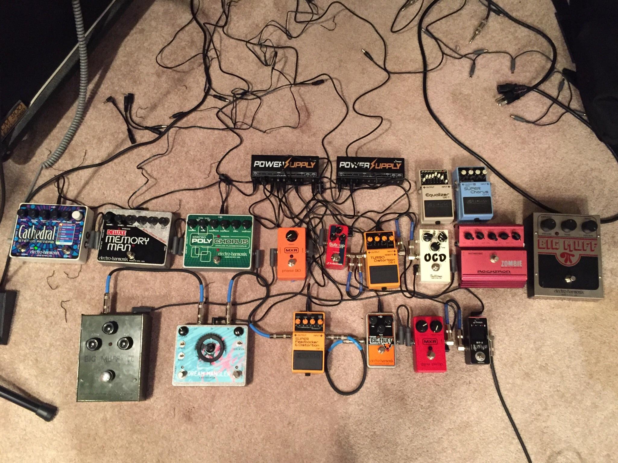 Kind of a hot mess. My pedal setup for home recording, with a few