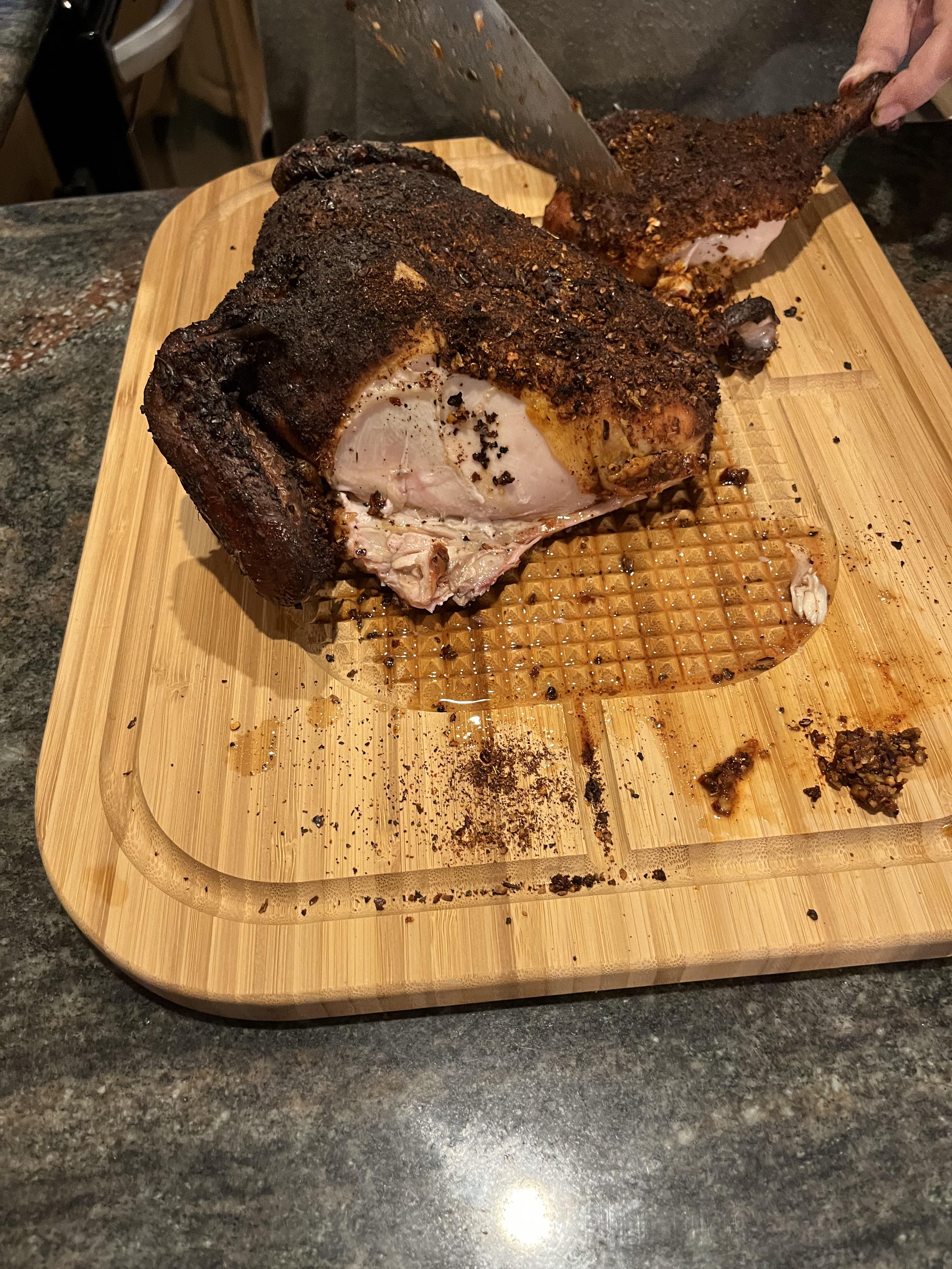 First time using charcoal. Spatchcock chicken, indirect heat for an hour and change with my slow