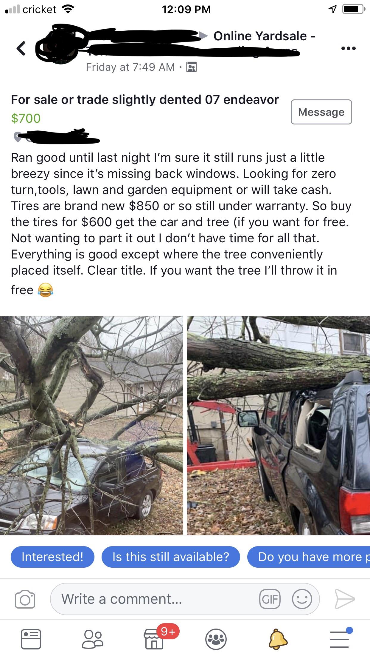 Taking a loss after tree falls on vehicle with no insurance