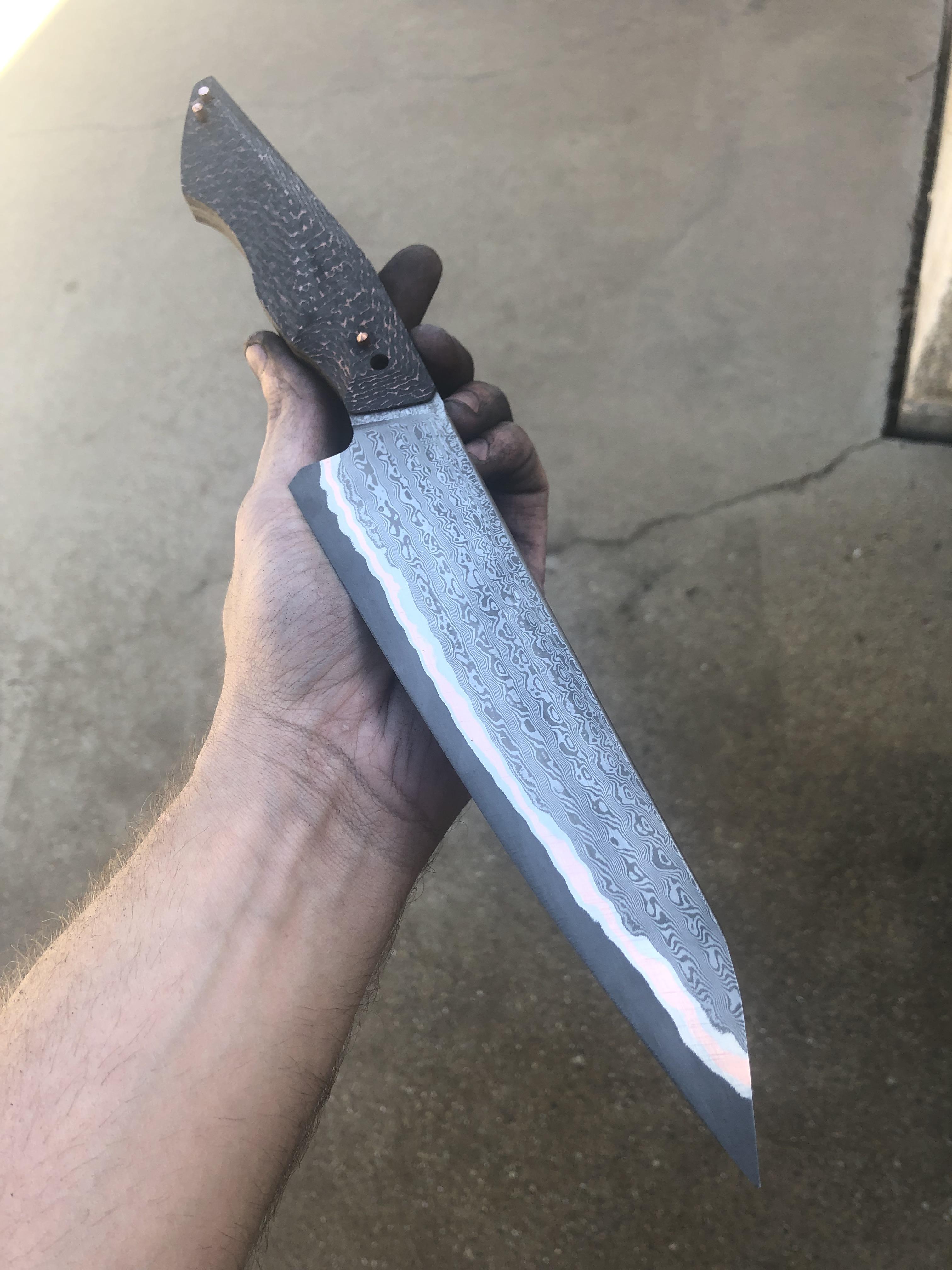 Ready for heat treat, unmakes Damascus kitchen knife r/knives