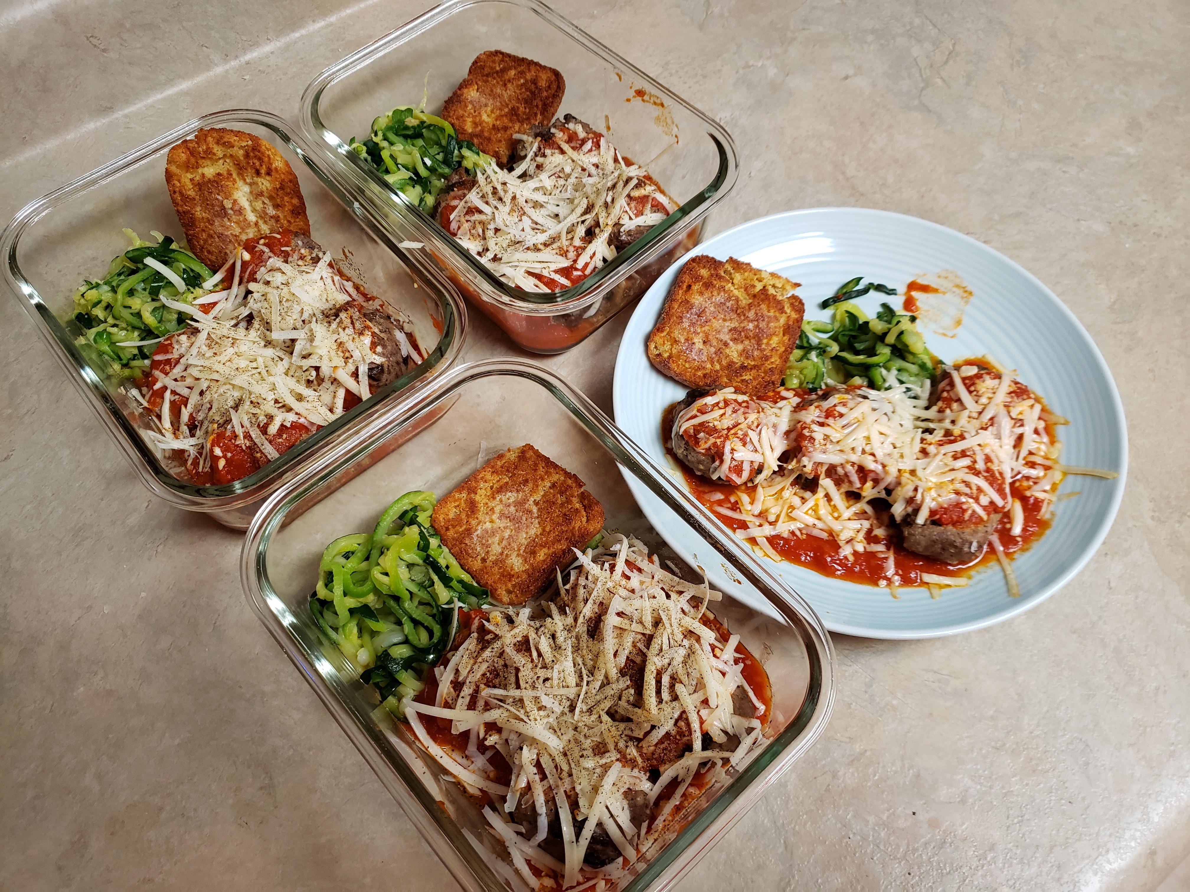 Meatballs with zucchini noodles and toasted keto garlic biscuits. r