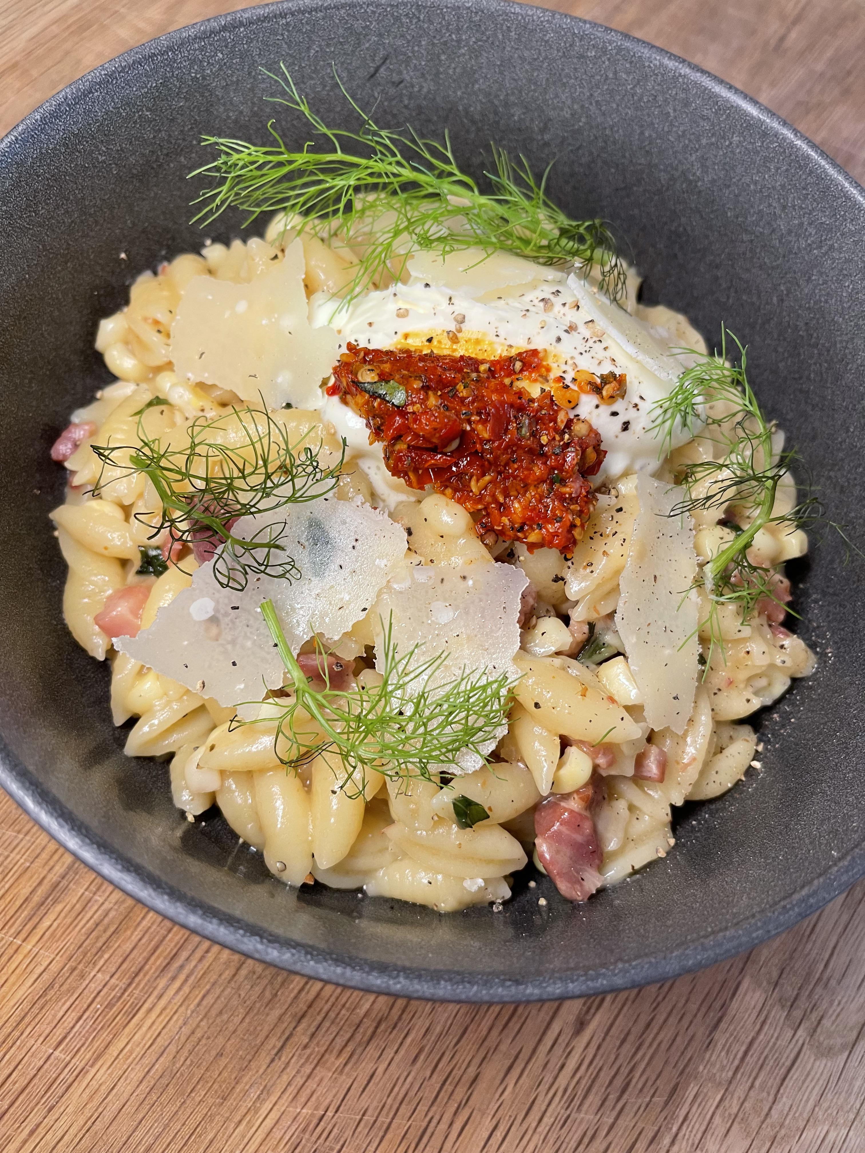 Homemade Summery Corn Pasta with pancetta, Parmesan, fennel, shallots