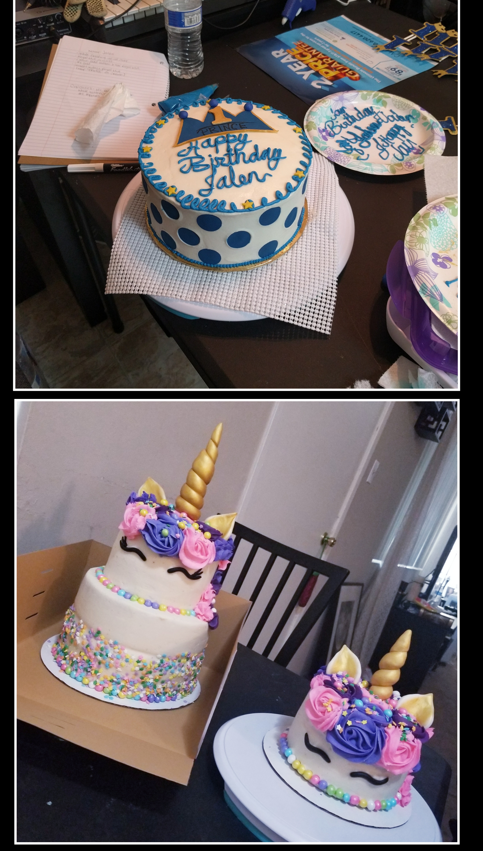 Top cake was my 2nd cake ever, in June 2016. The unicorn cake was Feb, 2nd 2019. I bake as a