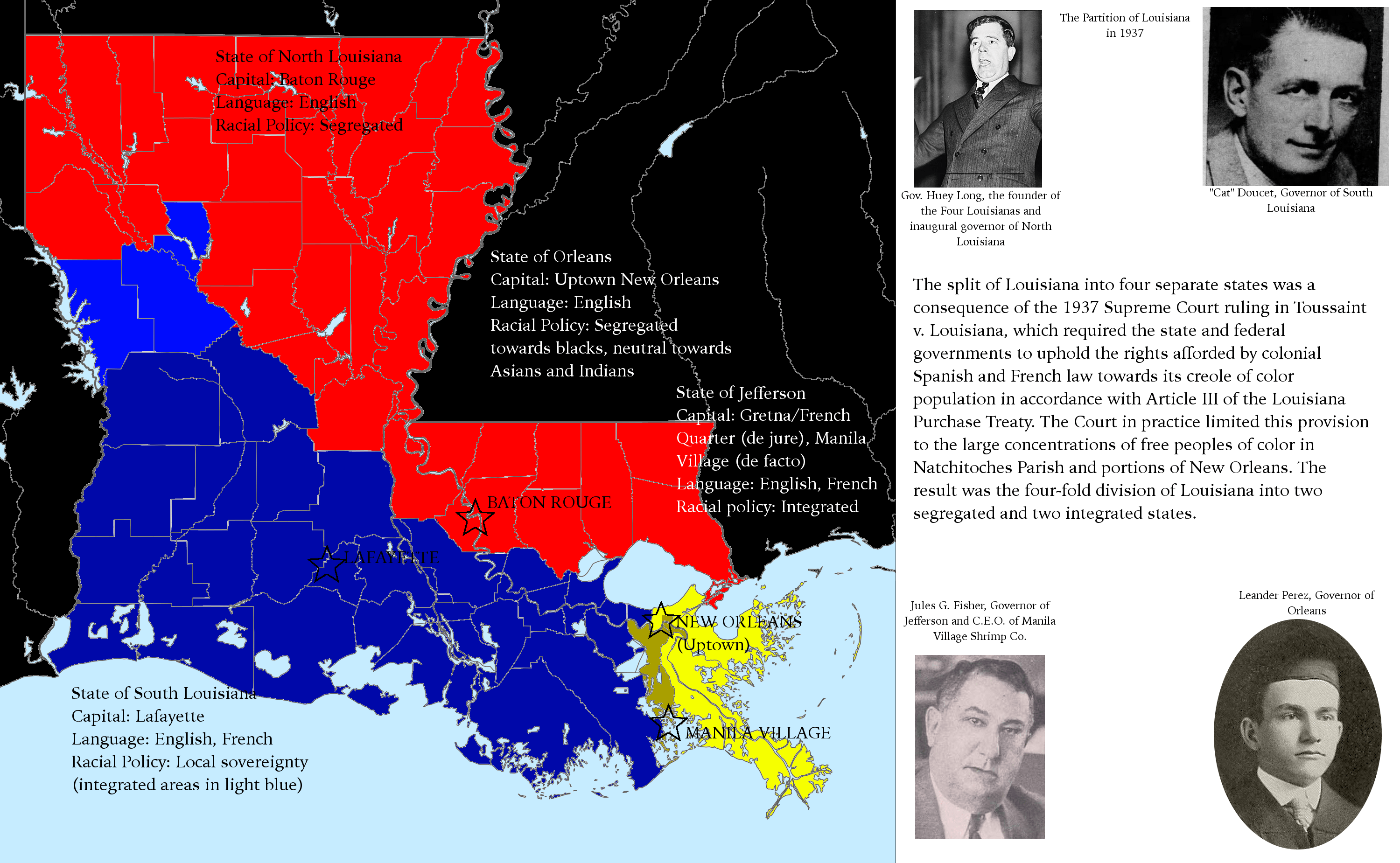 The Four Louisianas. All governors are real historical figures using portraits from Wikipedia