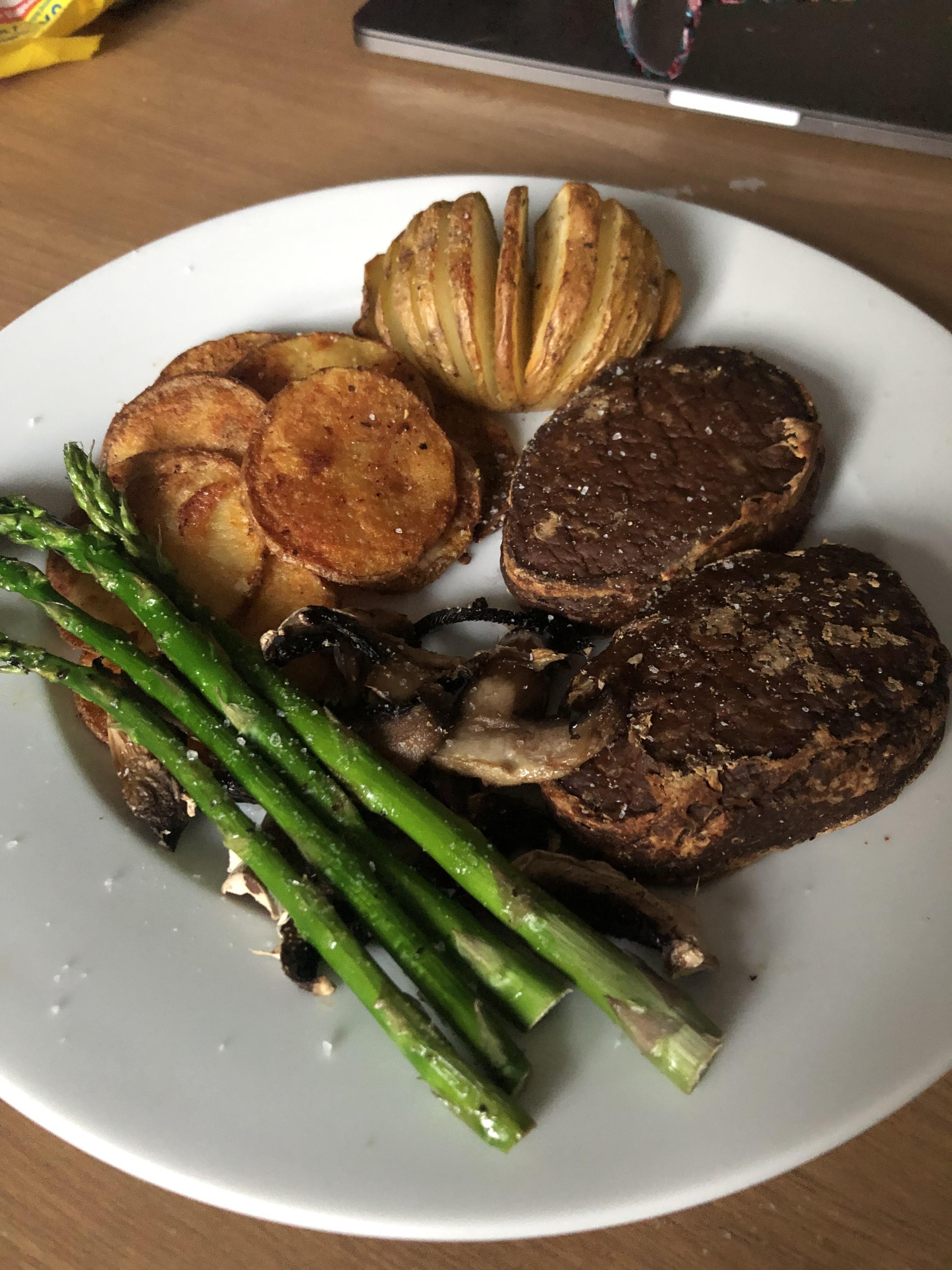 Grilled asparagus and mushrooms, hasselback potato, thinly sliced